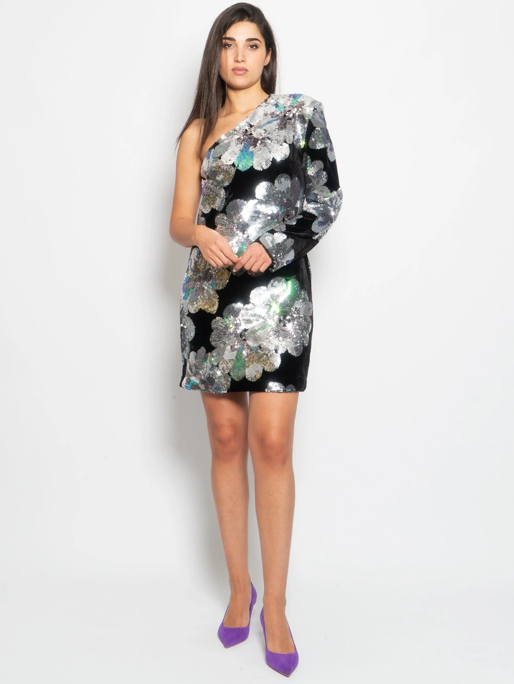 One Shoulder Dress in Black Velvet and Sequins