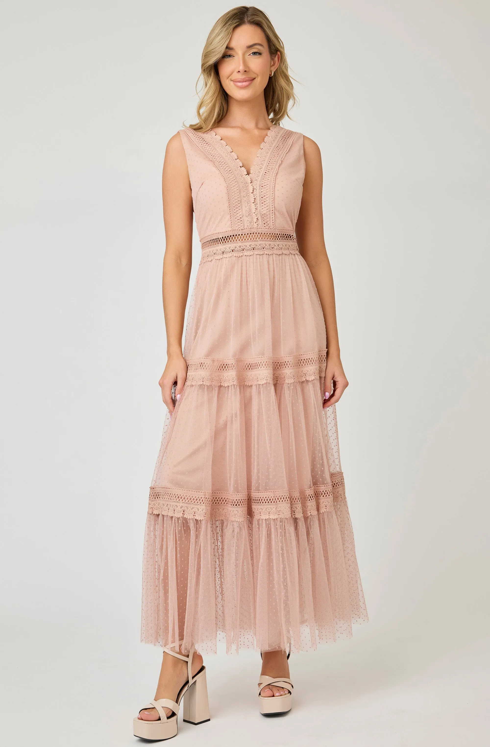 Printed Dot Midi Dress witth Lace Embroidery