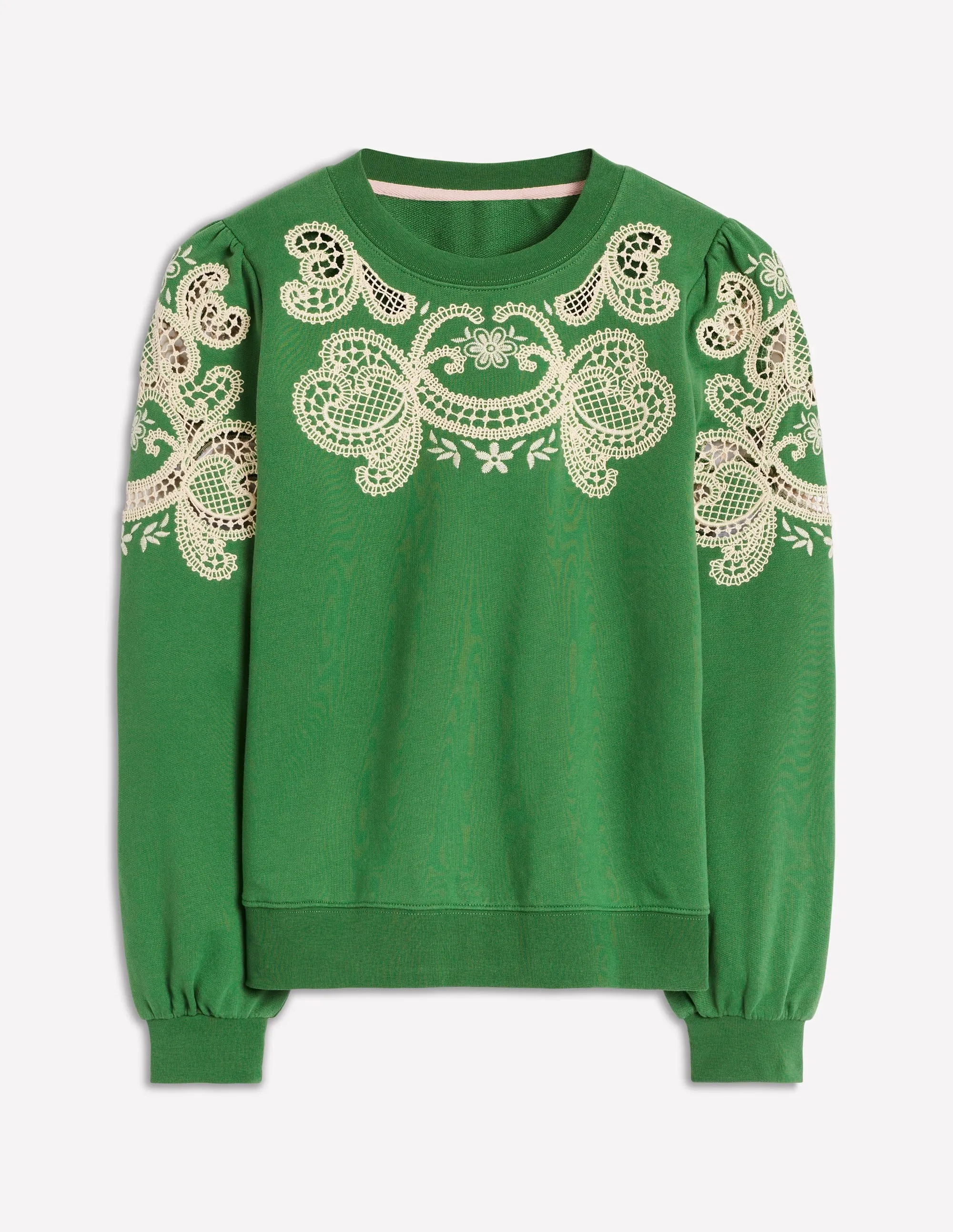 Puff Sleeve Cutwork Sweatshirt-Paradise Green