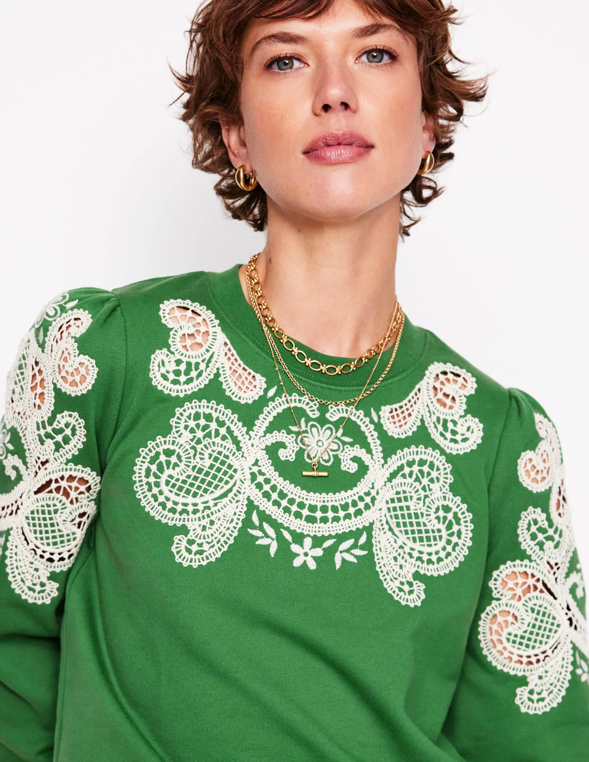 Puff Sleeve Cutwork Sweatshirt-Paradise Green