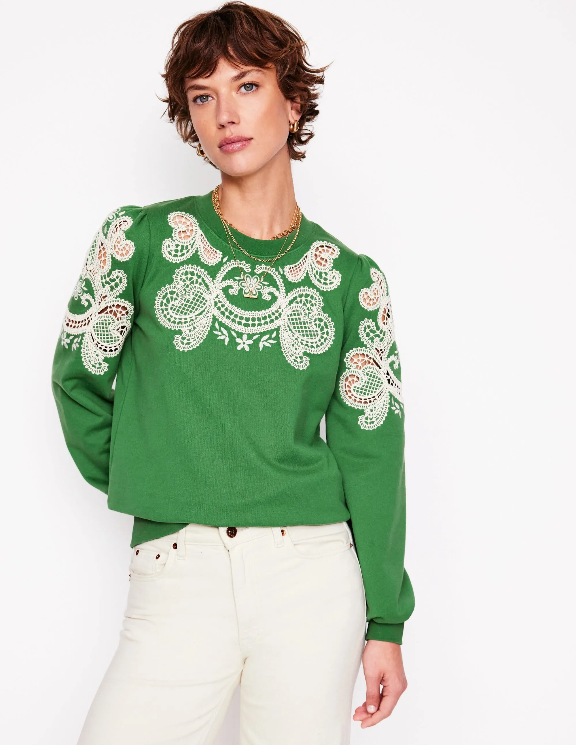 Puff Sleeve Cutwork Sweatshirt-Paradise Green
