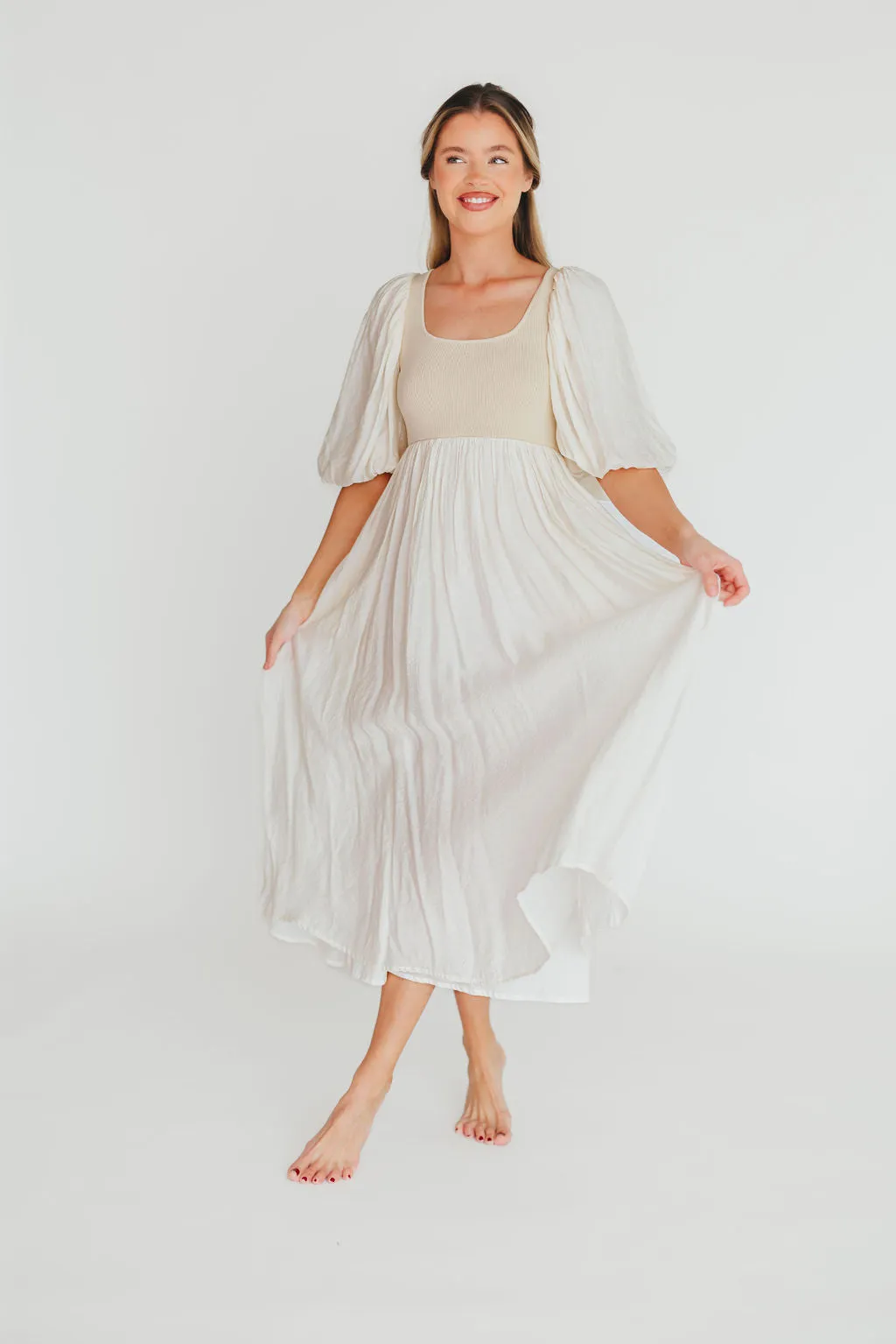 Raina Combination Midi Dress with Puff Sleeves in Natural - Bump Friendly