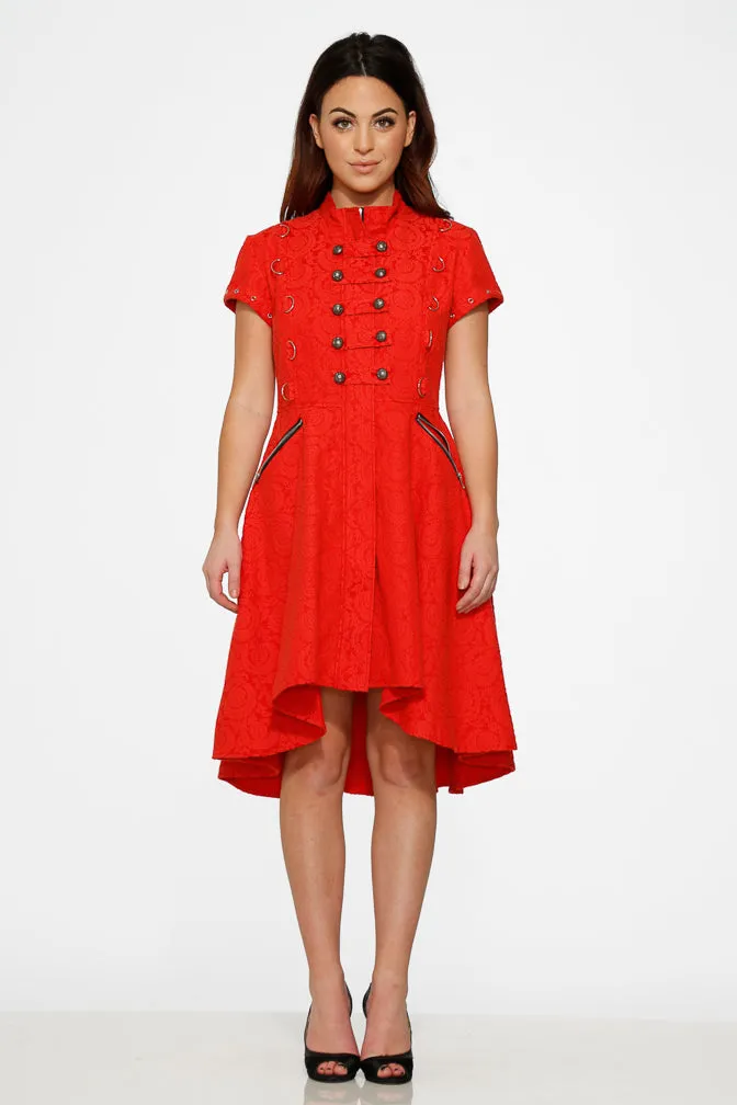 Red Jacquard Battalion Swing Dress
