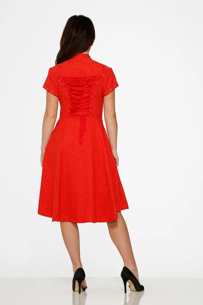 Red Jacquard Battalion Swing Dress