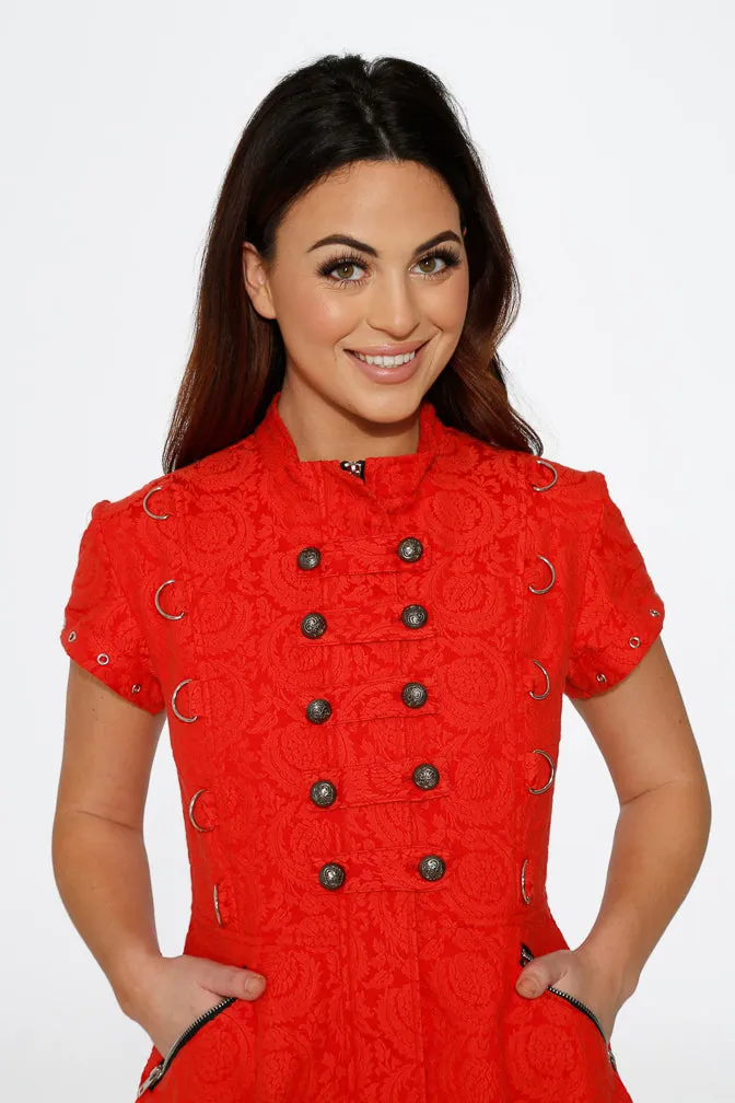 Red Jacquard Battalion Swing Dress