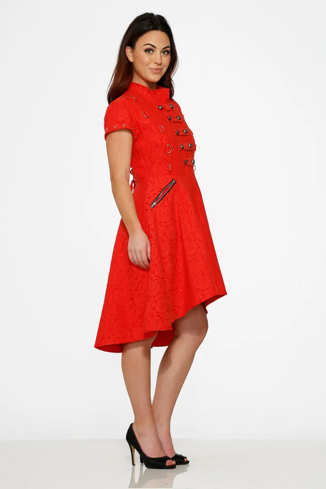 Red Jacquard Battalion Swing Dress