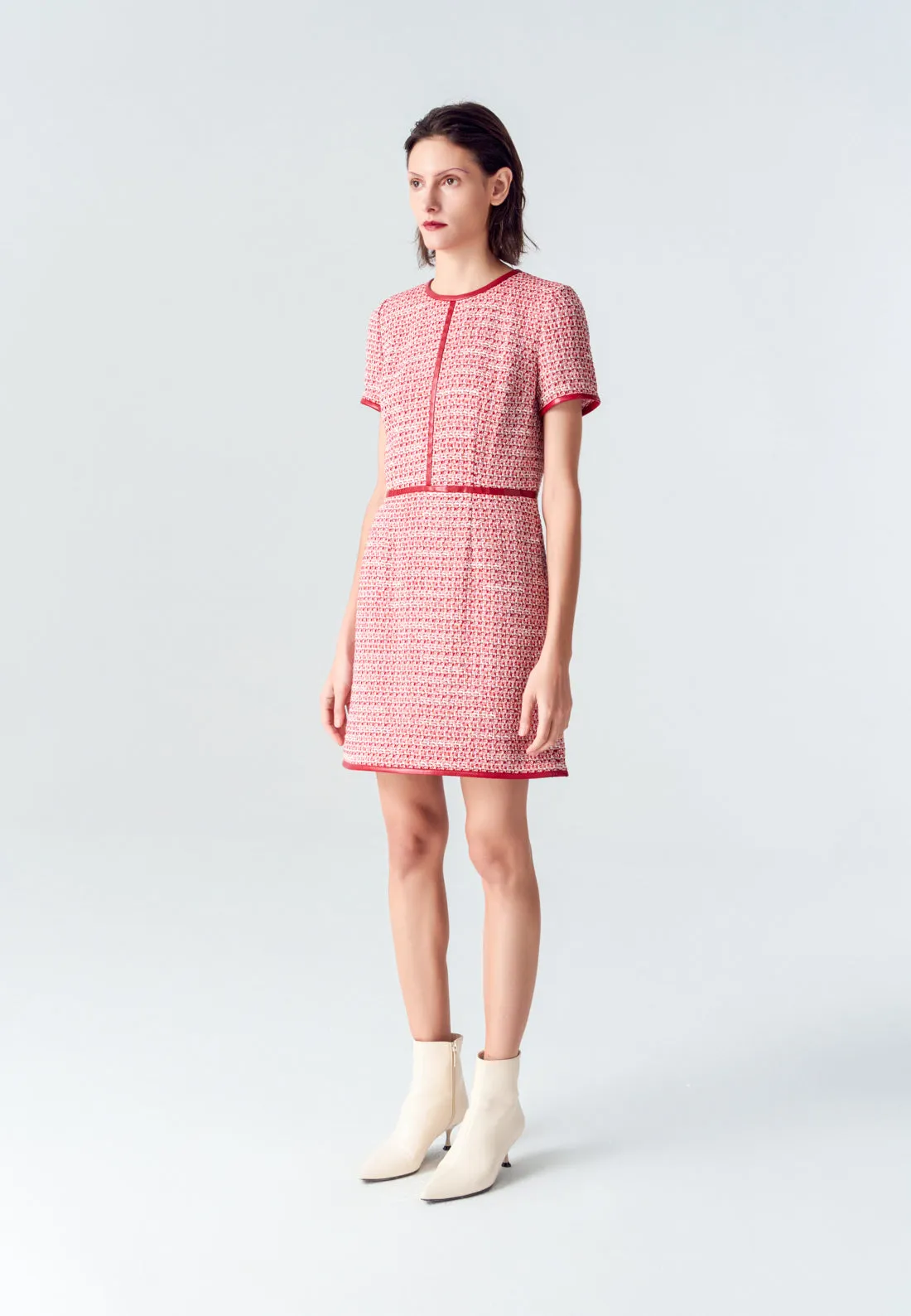 Red Leather-trimmed Tweed Mini Dress