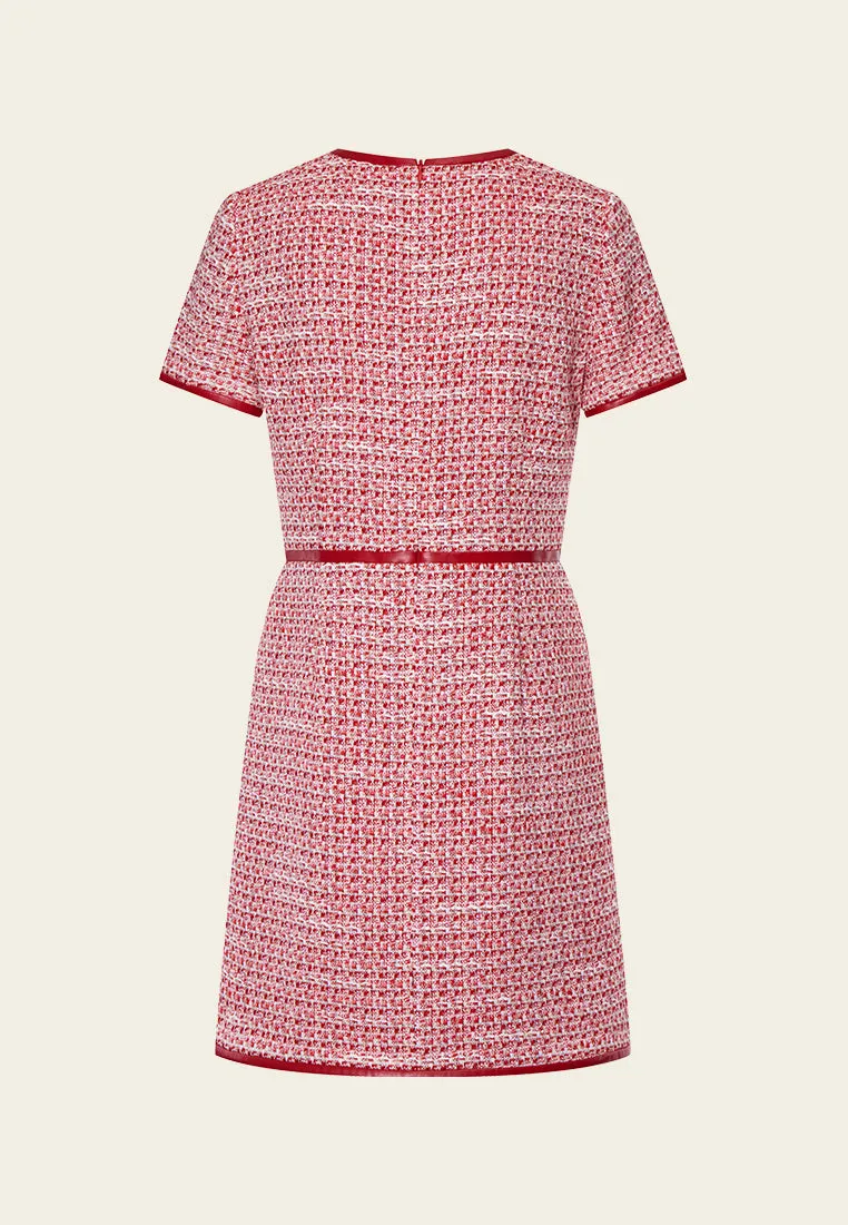 Red Leather-trimmed Tweed Mini Dress
