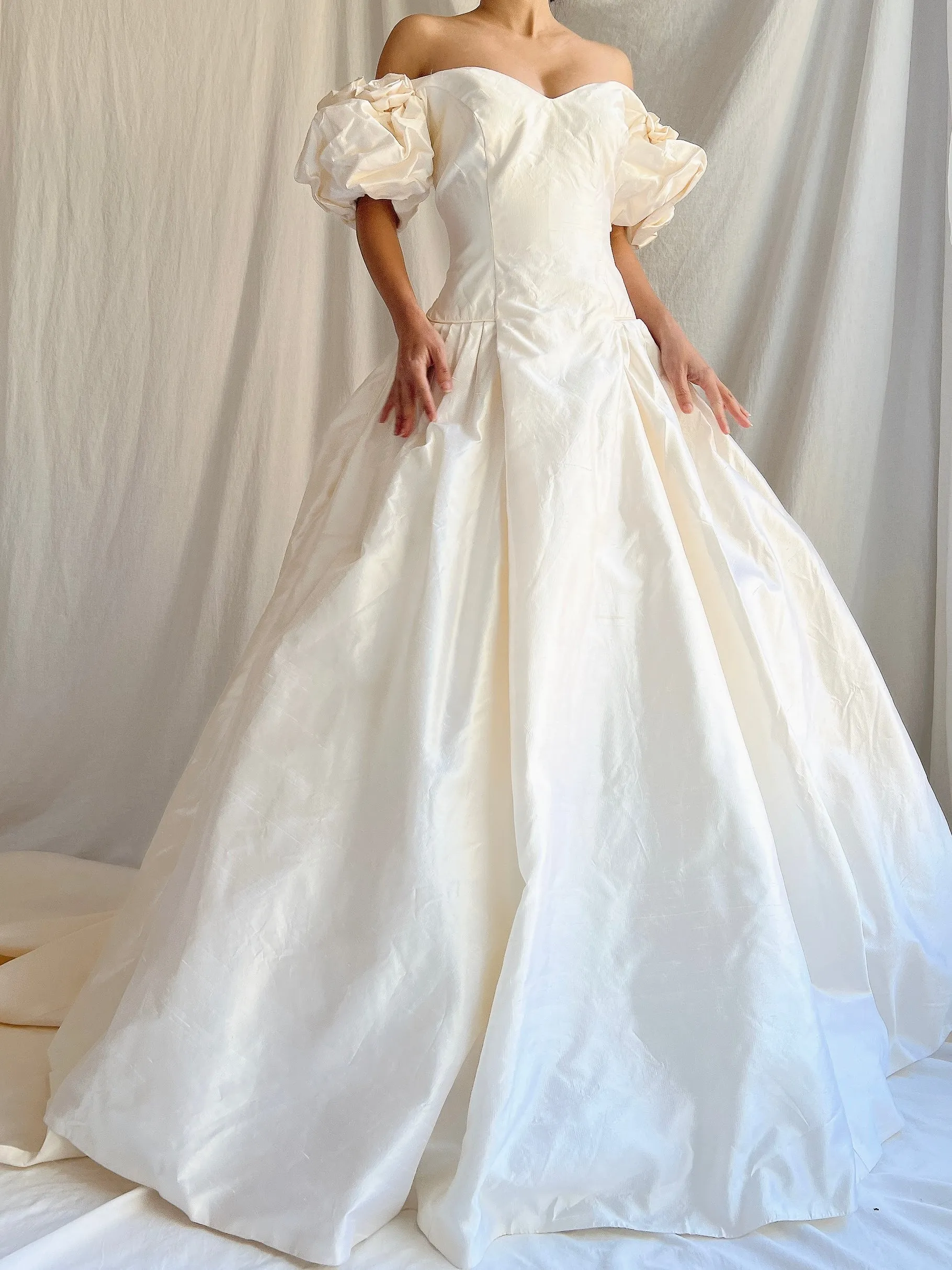 RESERVED 1980s Raw Silk Gown Off-the-Shoulder Gown - S/4