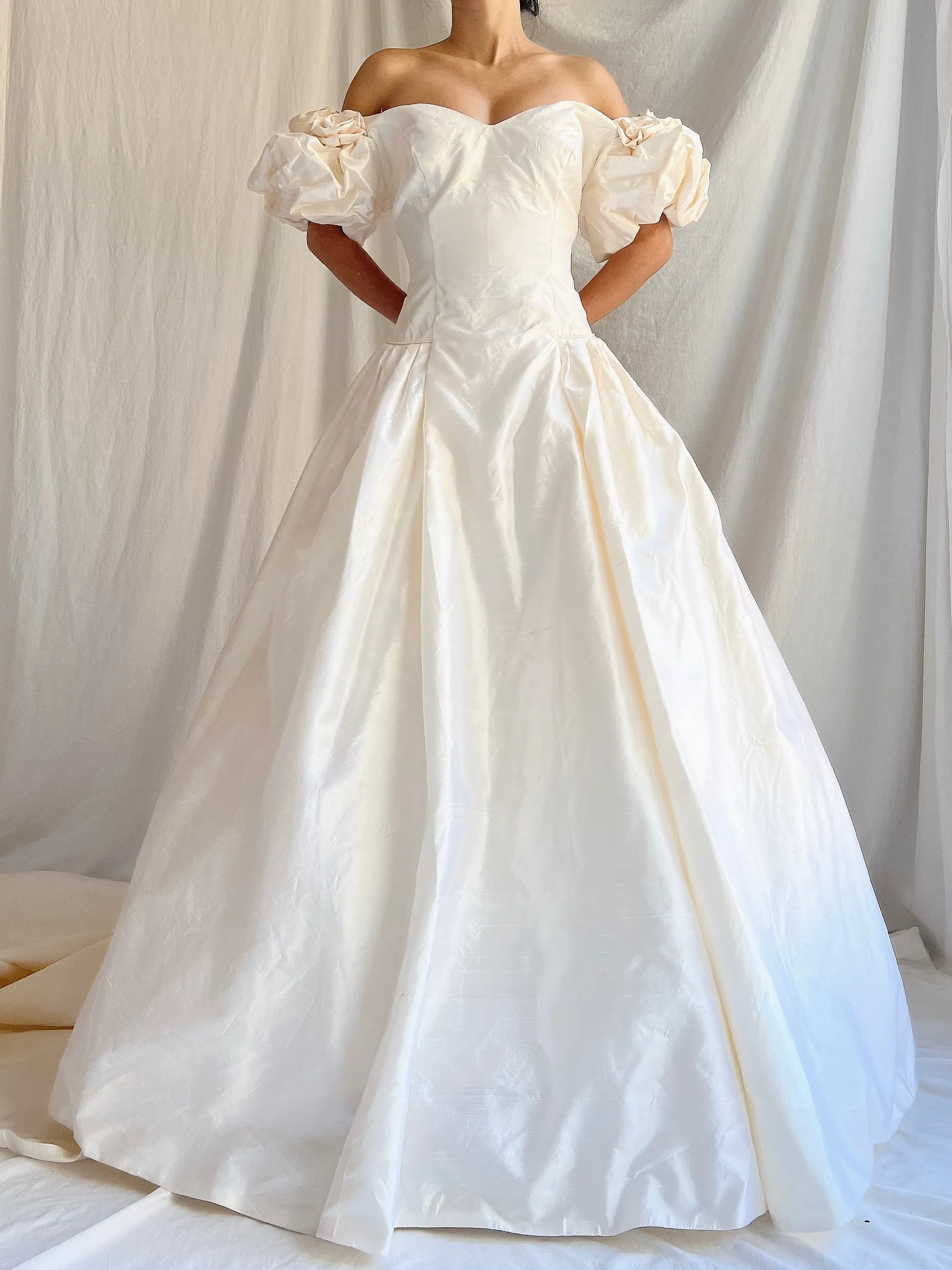 RESERVED 1980s Raw Silk Gown Off-the-Shoulder Gown - S/4