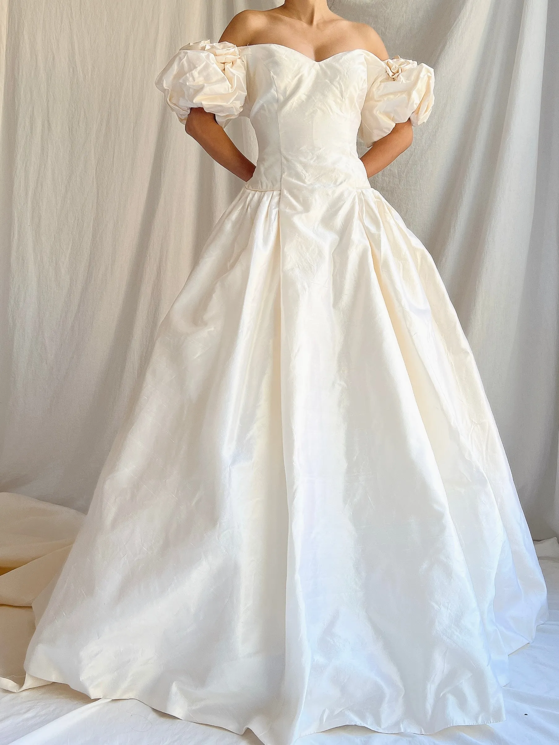 RESERVED 1980s Raw Silk Gown Off-the-Shoulder Gown - S/4
