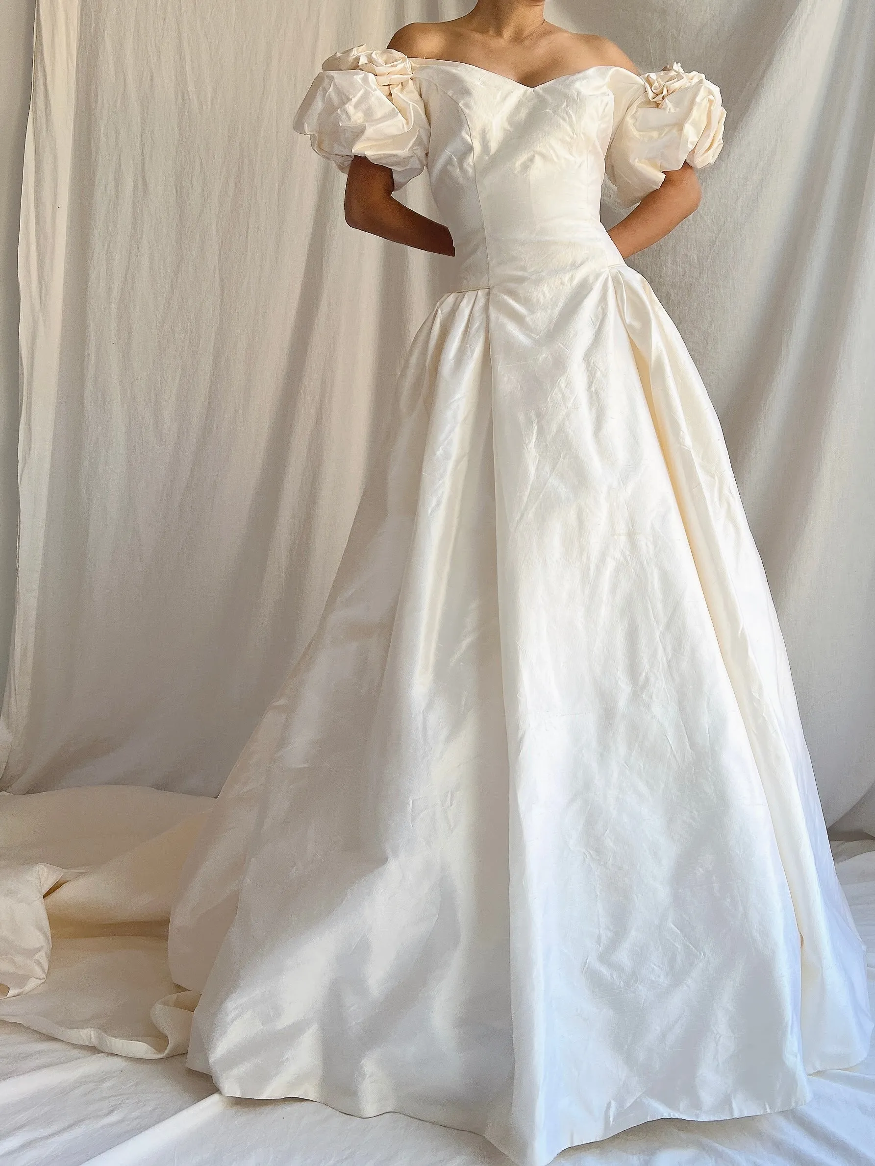 RESERVED 1980s Raw Silk Gown Off-the-Shoulder Gown - S/4