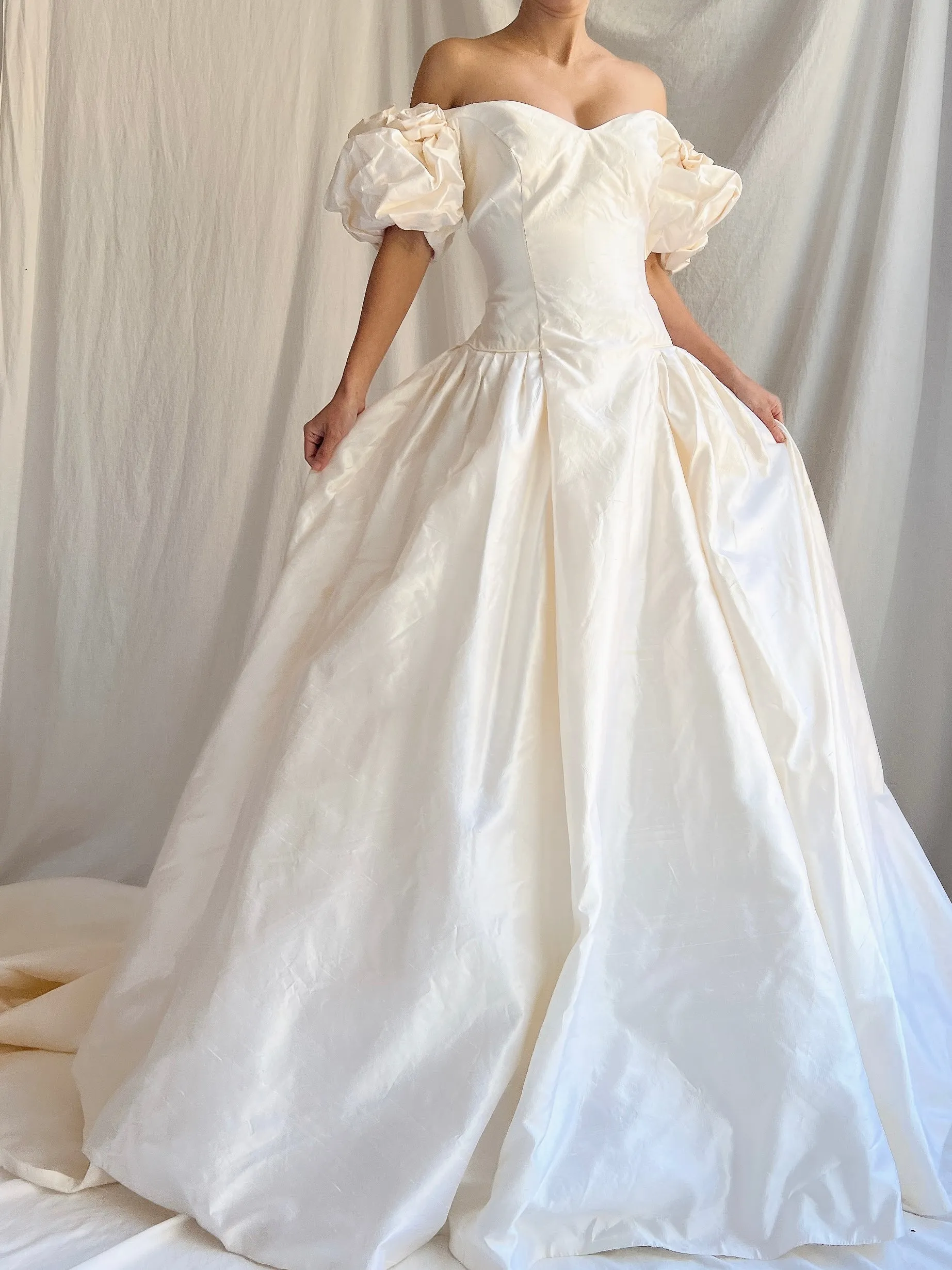 RESERVED 1980s Raw Silk Gown Off-the-Shoulder Gown - S/4