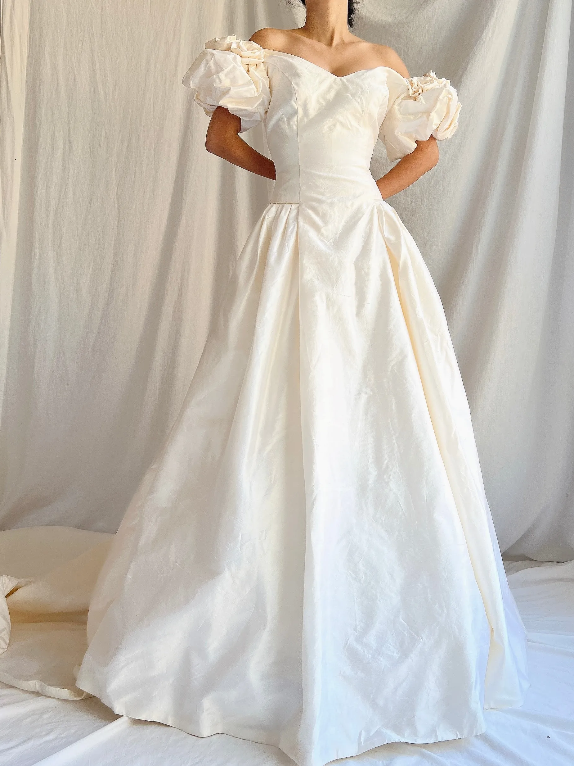 RESERVED 1980s Raw Silk Gown Off-the-Shoulder Gown - S/4