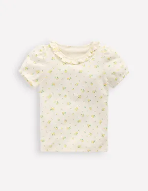 Short-sleeved Ruffle Pointelle-Rosebud Floral