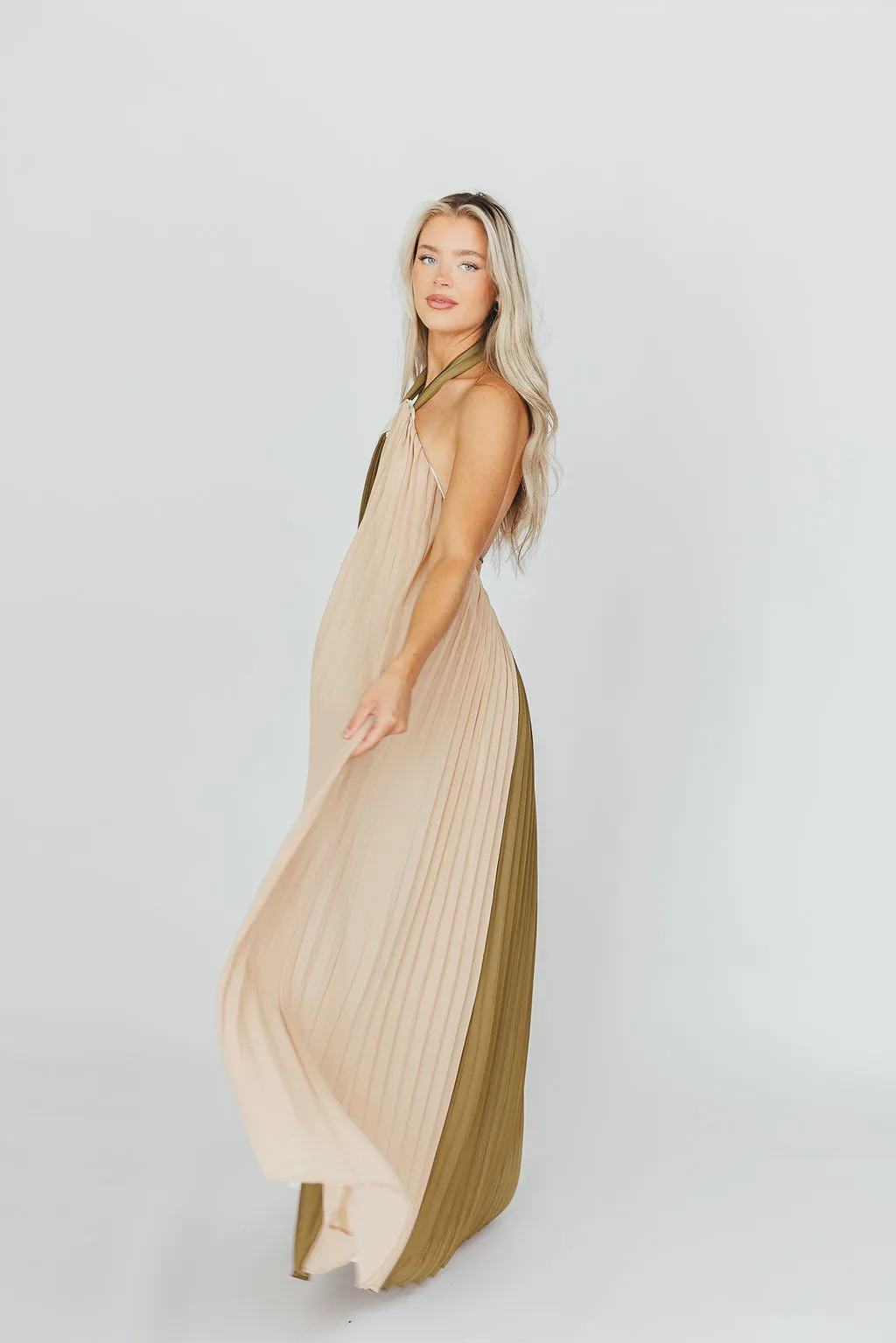 Stevie Halter Color-Block Pleated Maxi Dress in Olive Multi