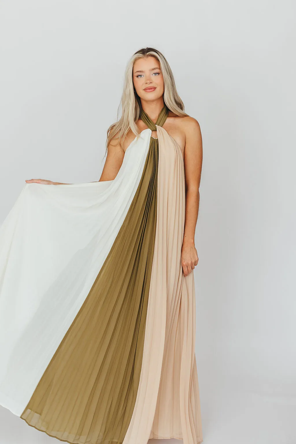 Stevie Halter Color-Block Pleated Maxi Dress in Olive Multi