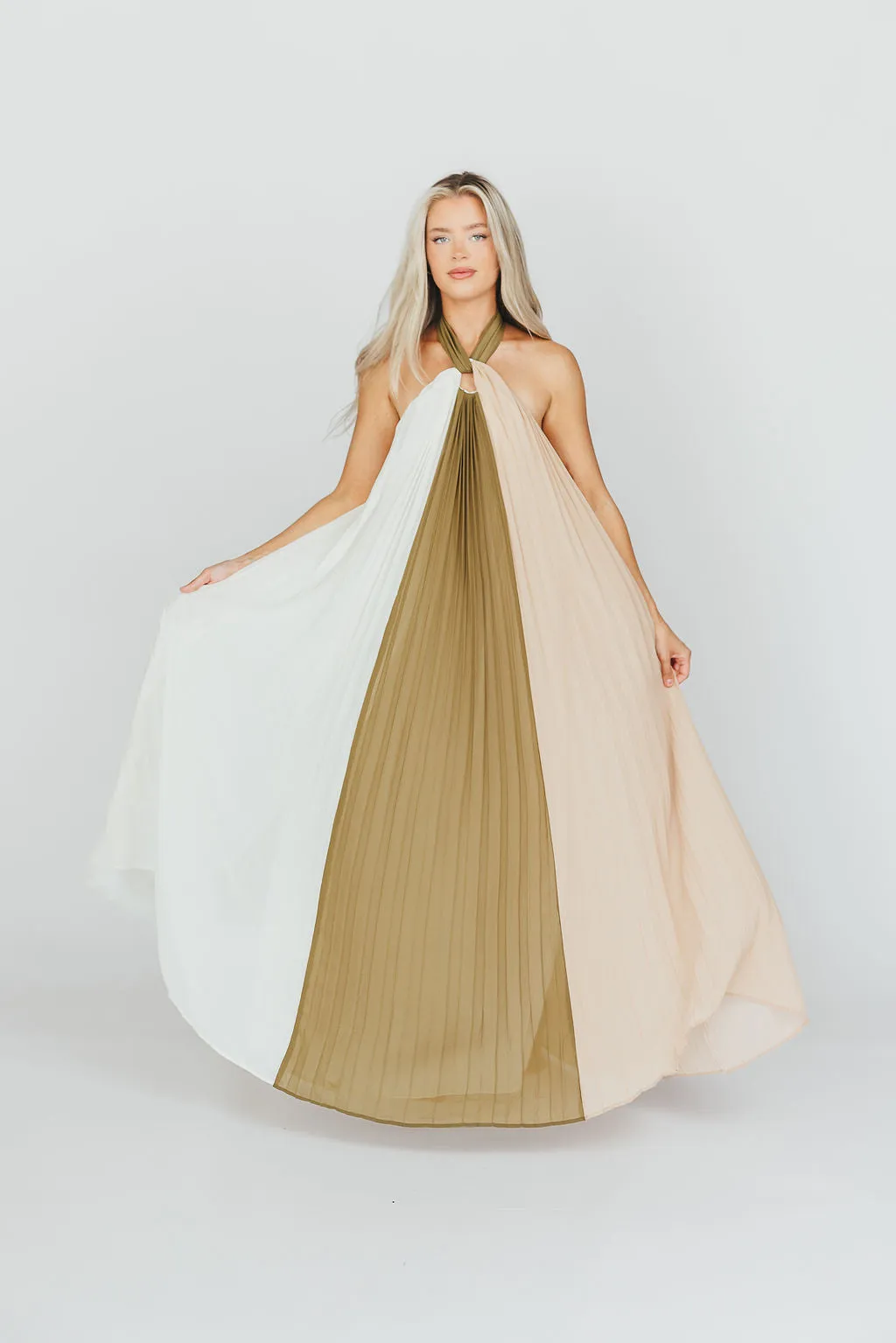 Stevie Halter Color-Block Pleated Maxi Dress in Olive Multi