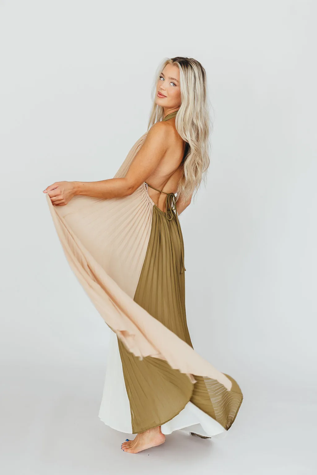 Stevie Halter Color-Block Pleated Maxi Dress in Olive Multi