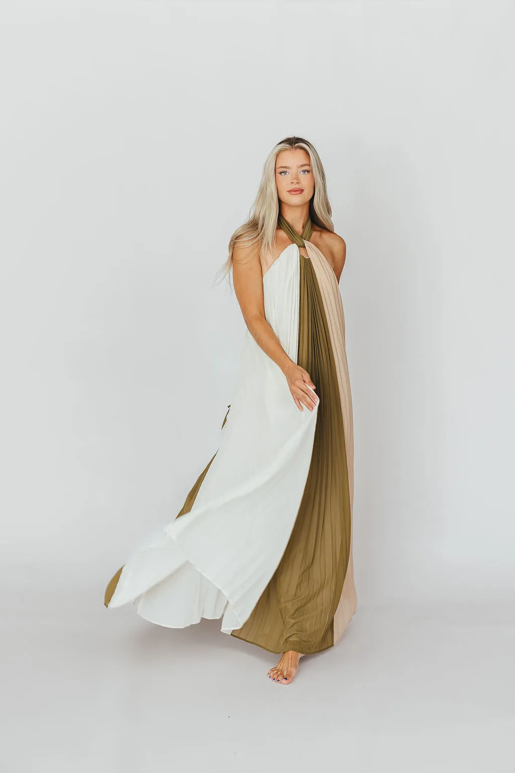 Stevie Halter Color-Block Pleated Maxi Dress in Olive Multi