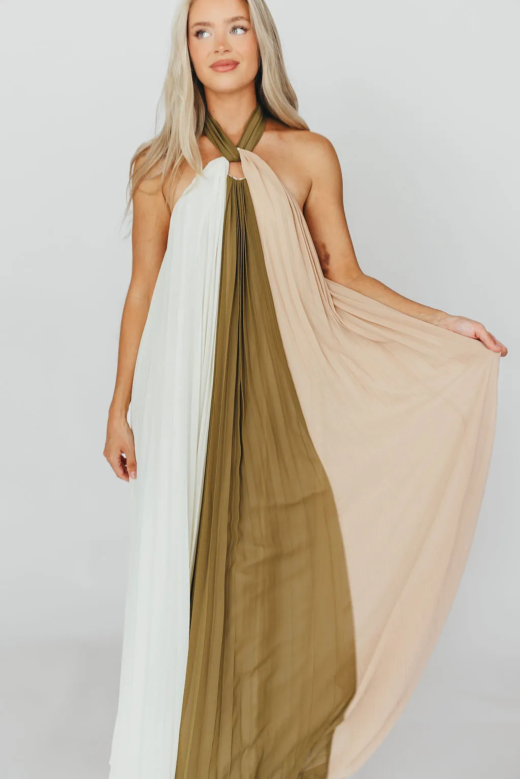 Stevie Halter Color-Block Pleated Maxi Dress in Olive Multi