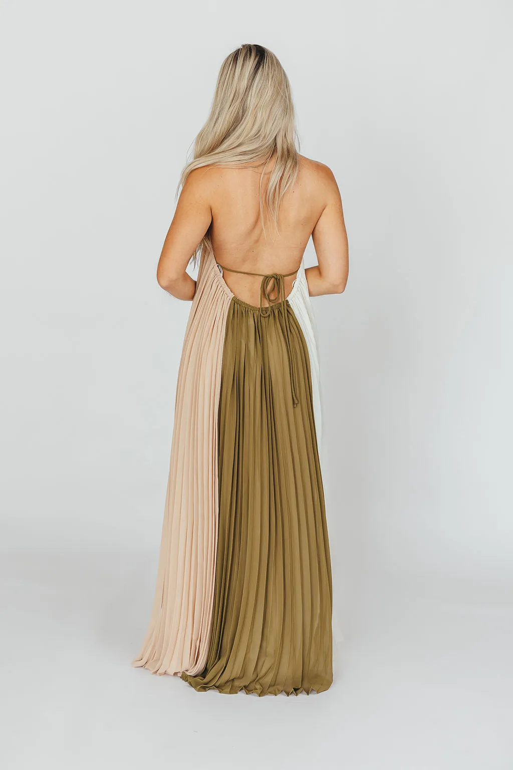 Stevie Halter Color-Block Pleated Maxi Dress in Olive Multi