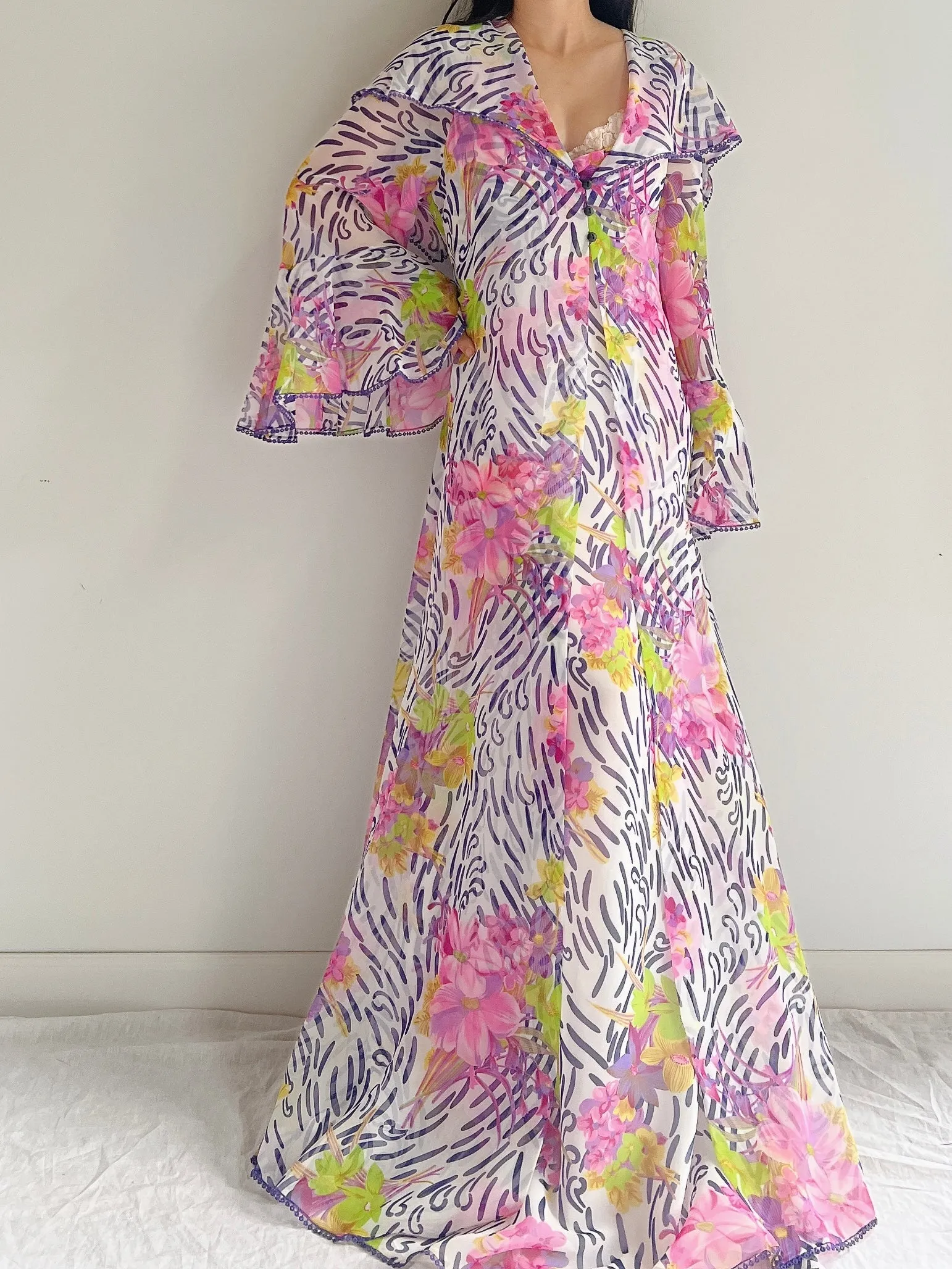 Vintage 2-Piece Chiffon Floral Robe/Slip Set - M