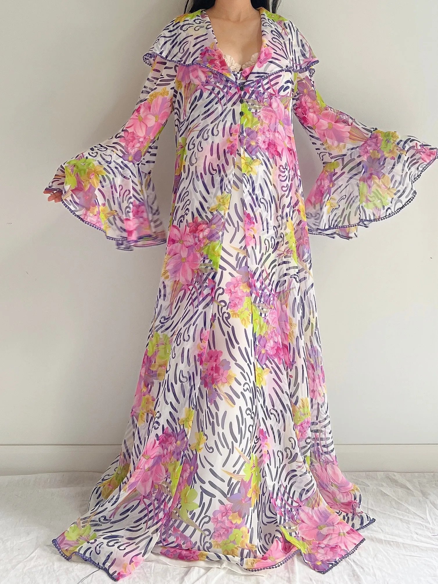 Vintage 2-Piece Chiffon Floral Robe/Slip Set - M