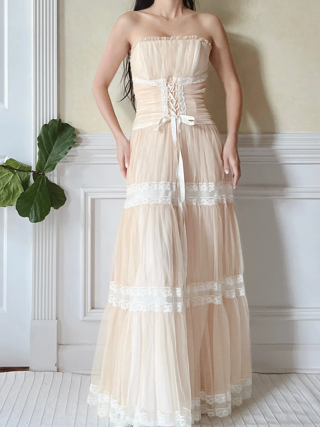 Vintage Beige Ruche Dress - XS/2