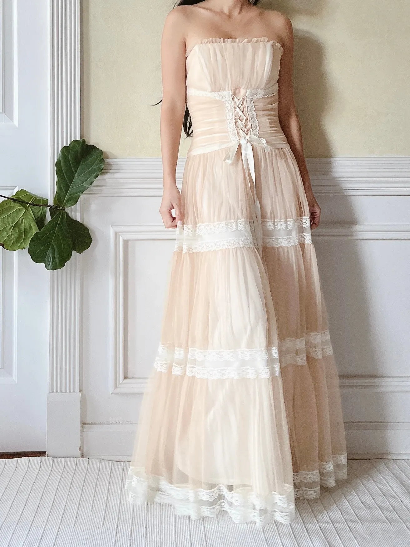Vintage Beige Ruche Dress - XS/2