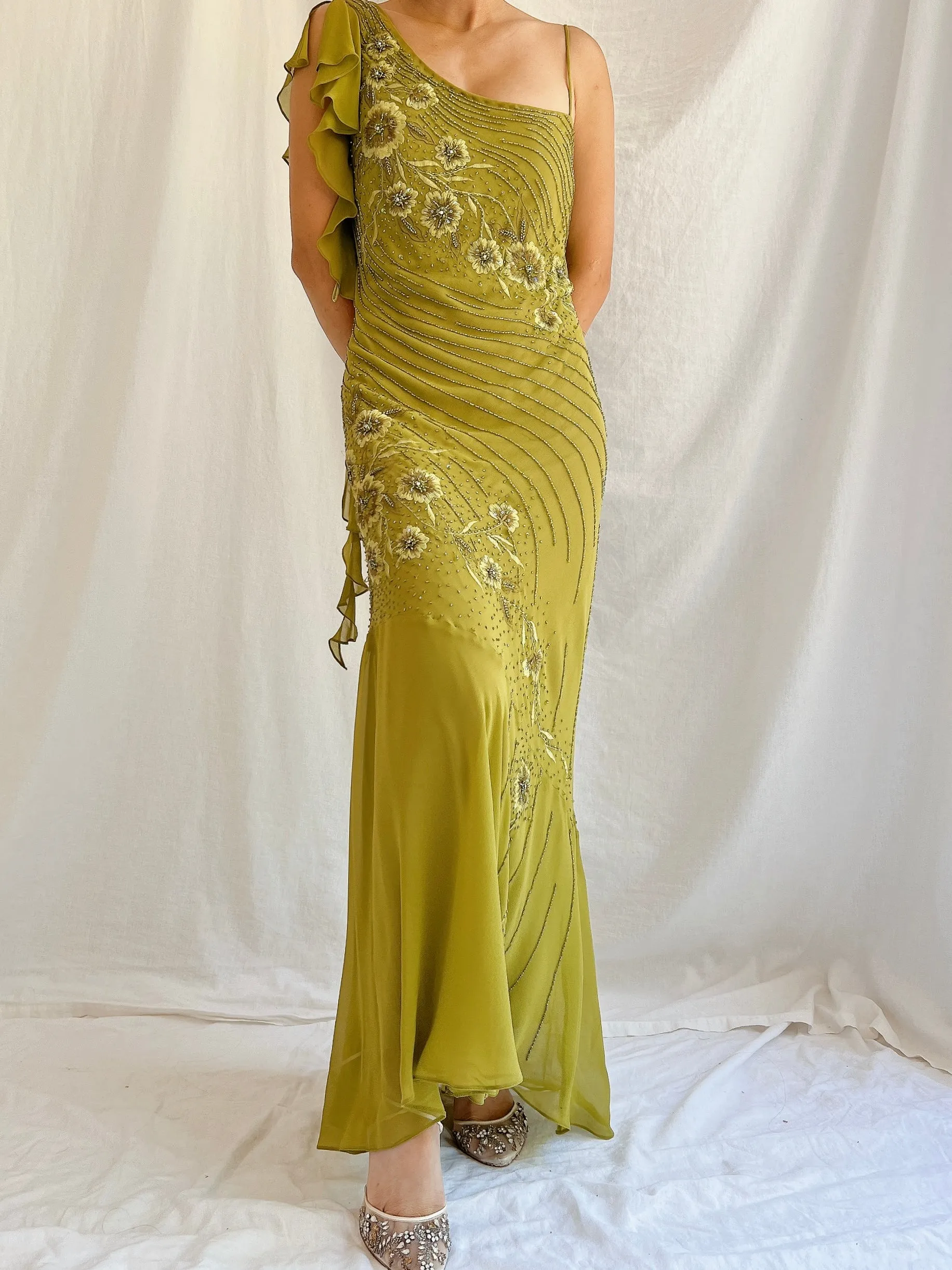Vintage Bias Cut Moss Green Silk One Shoulder Dress - M