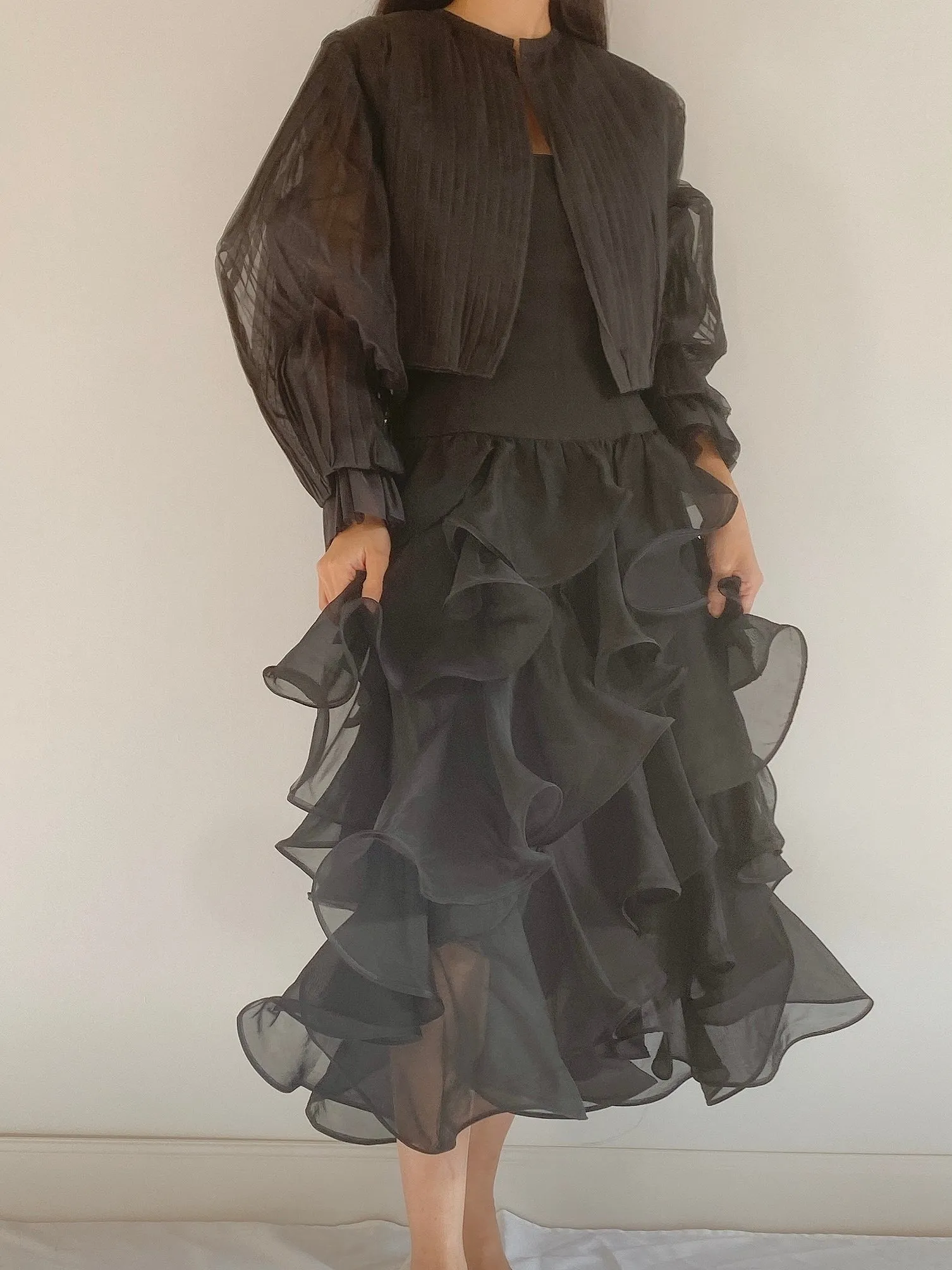Vintage Black Ruffle Organza Dress -  S