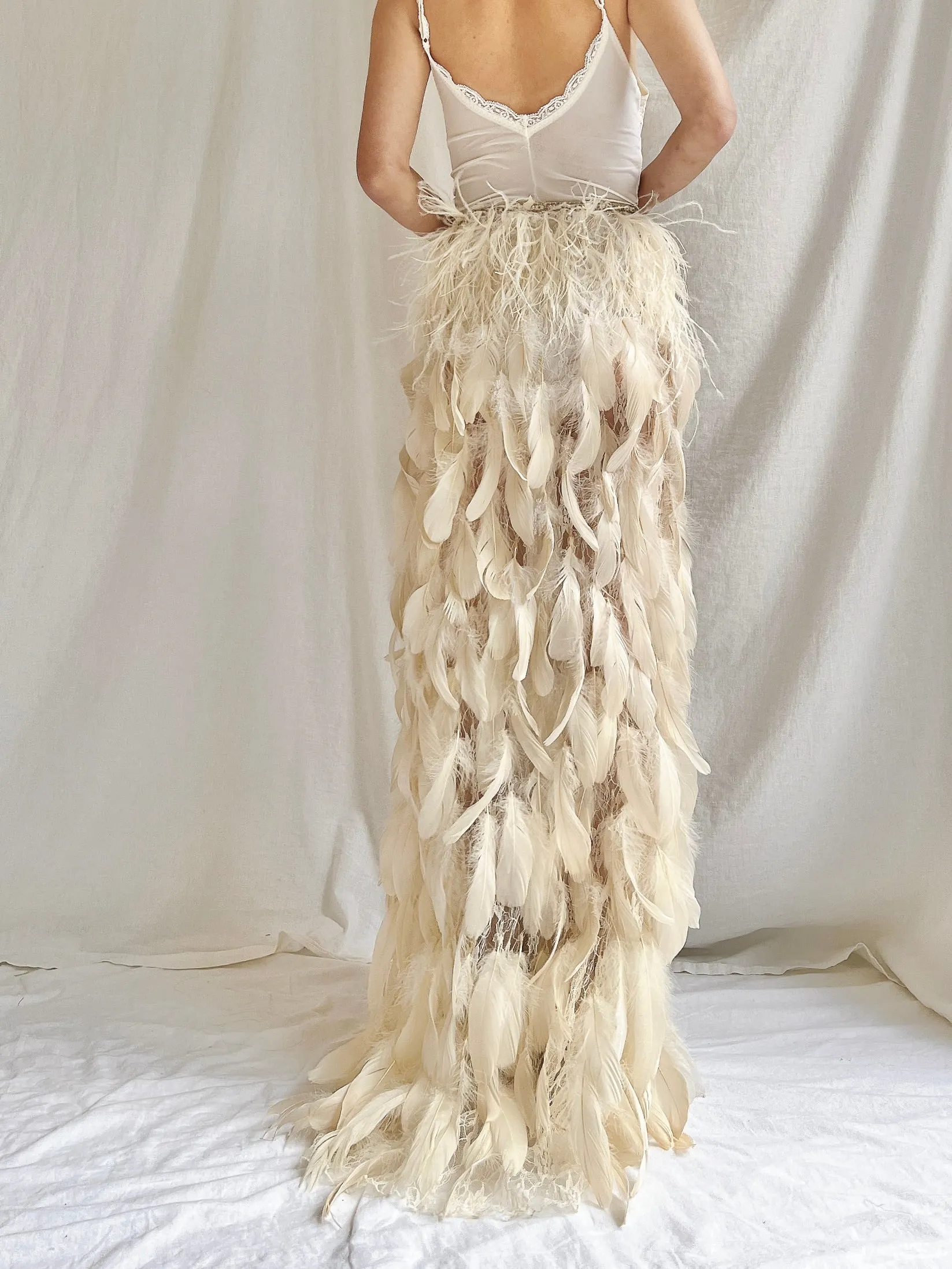 Vintage Buttercream Feather and Lace Skirt - S