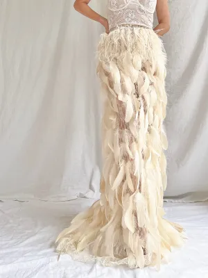 Vintage Buttercream Feather and Lace Skirt - S