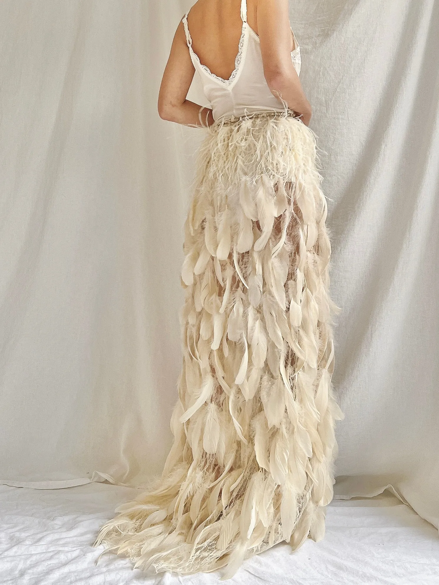 Vintage Buttercream Feather and Lace Skirt - S
