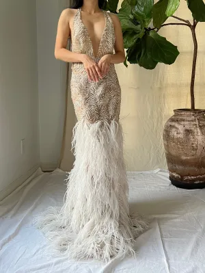 Vintage Hand Beaded Organza and Feather Gown - S/M