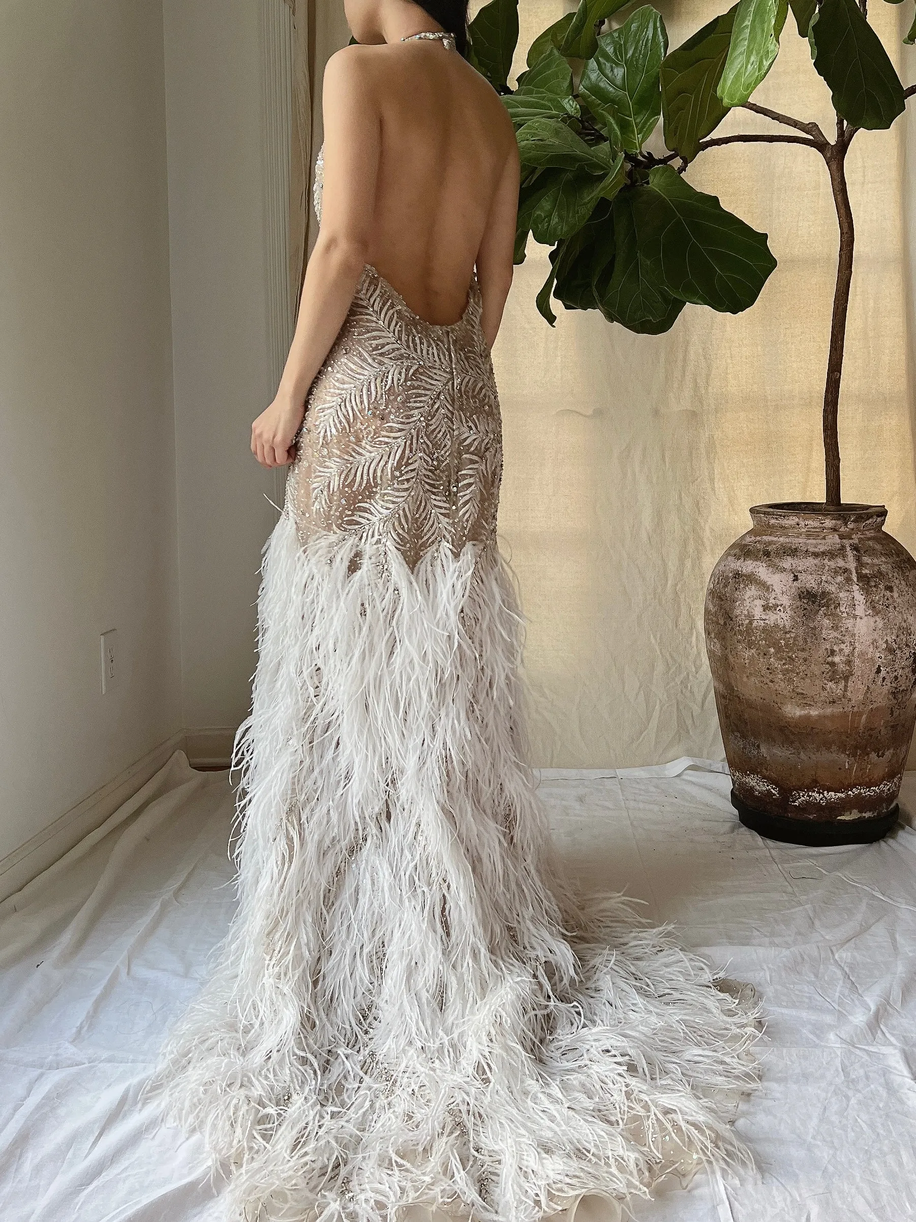 Vintage Hand Beaded Organza and Feather Gown - S/M