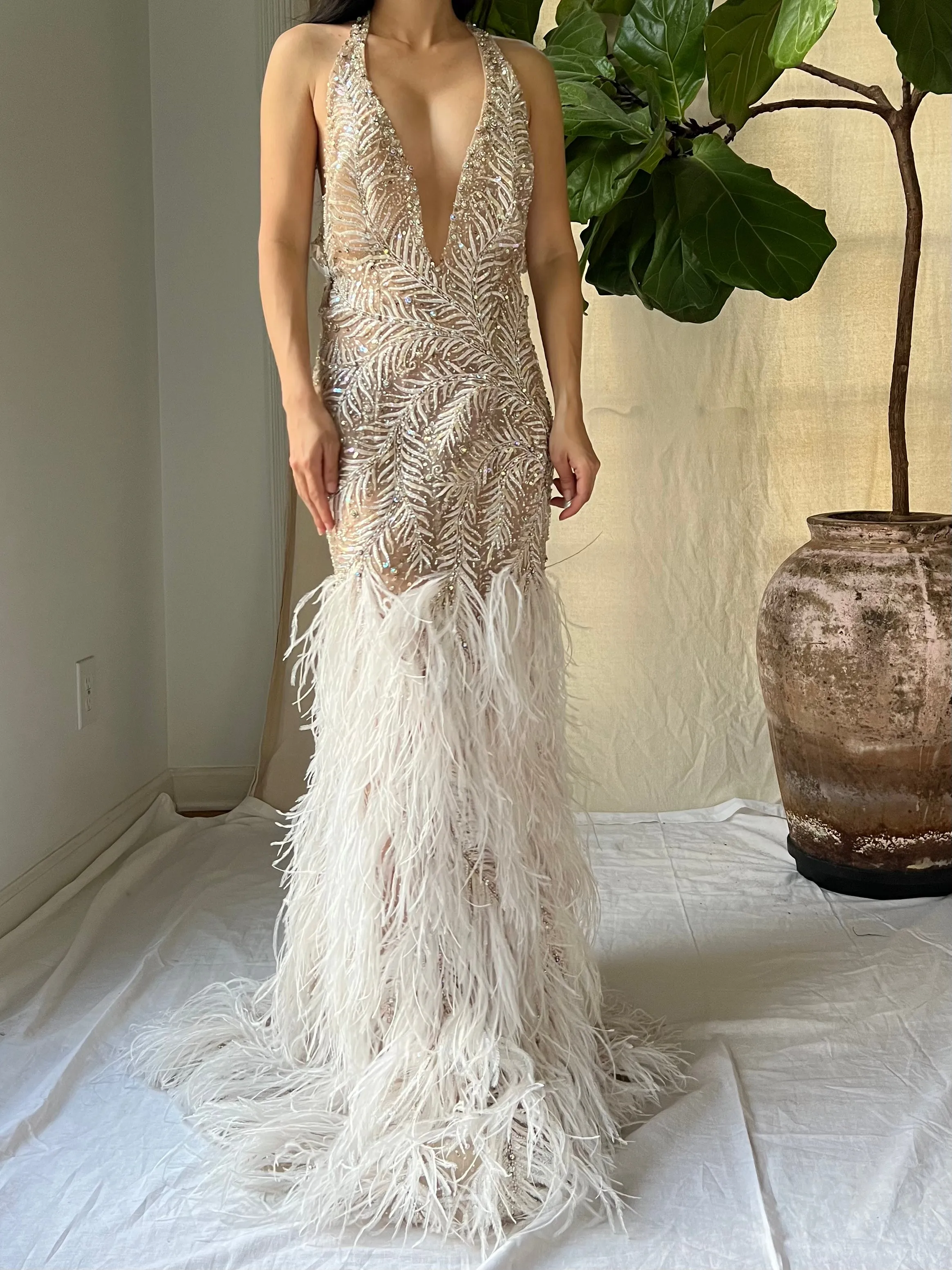 Vintage Hand Beaded Organza and Feather Gown - S/M