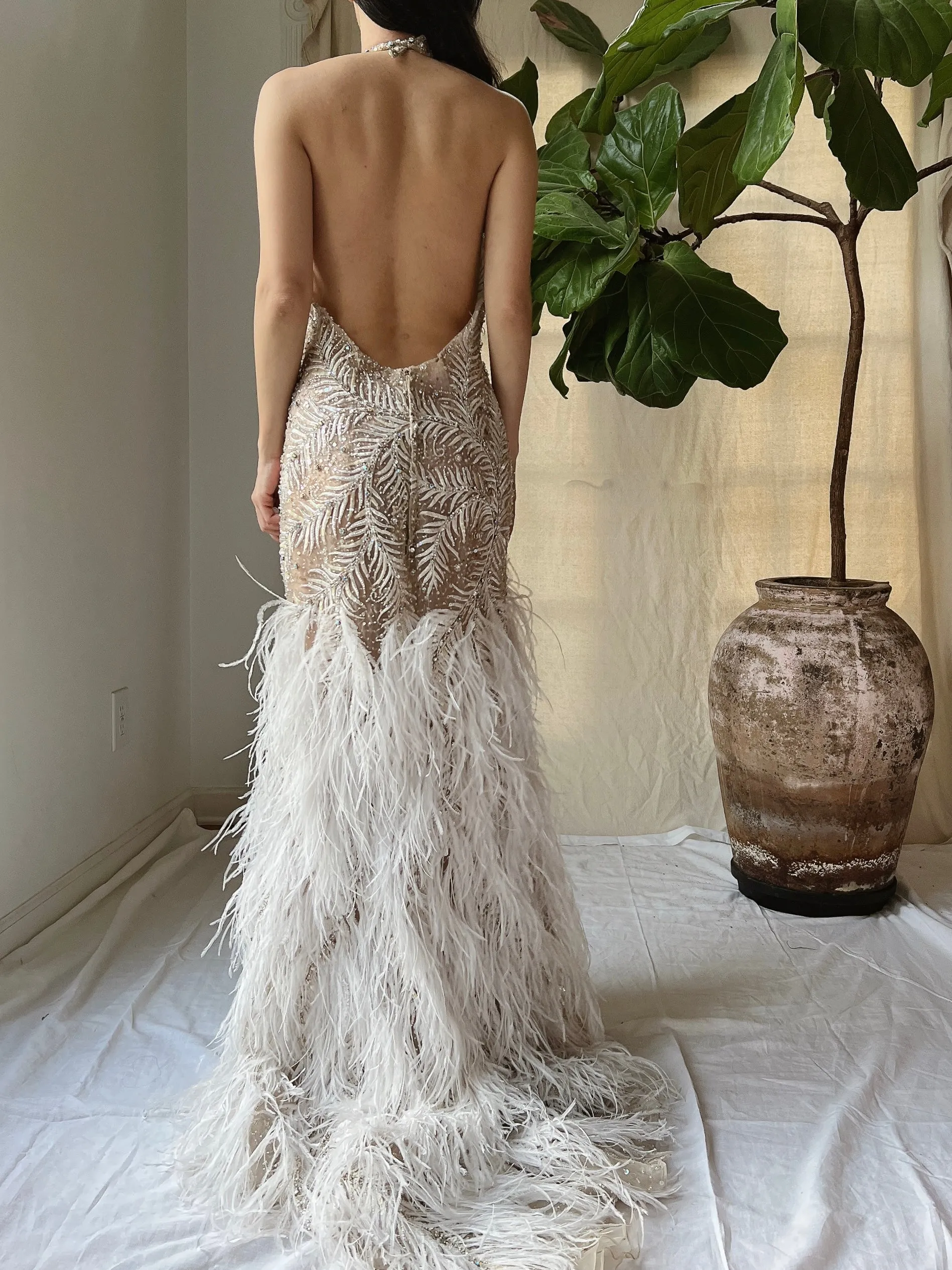 Vintage Hand Beaded Organza and Feather Gown - S/M