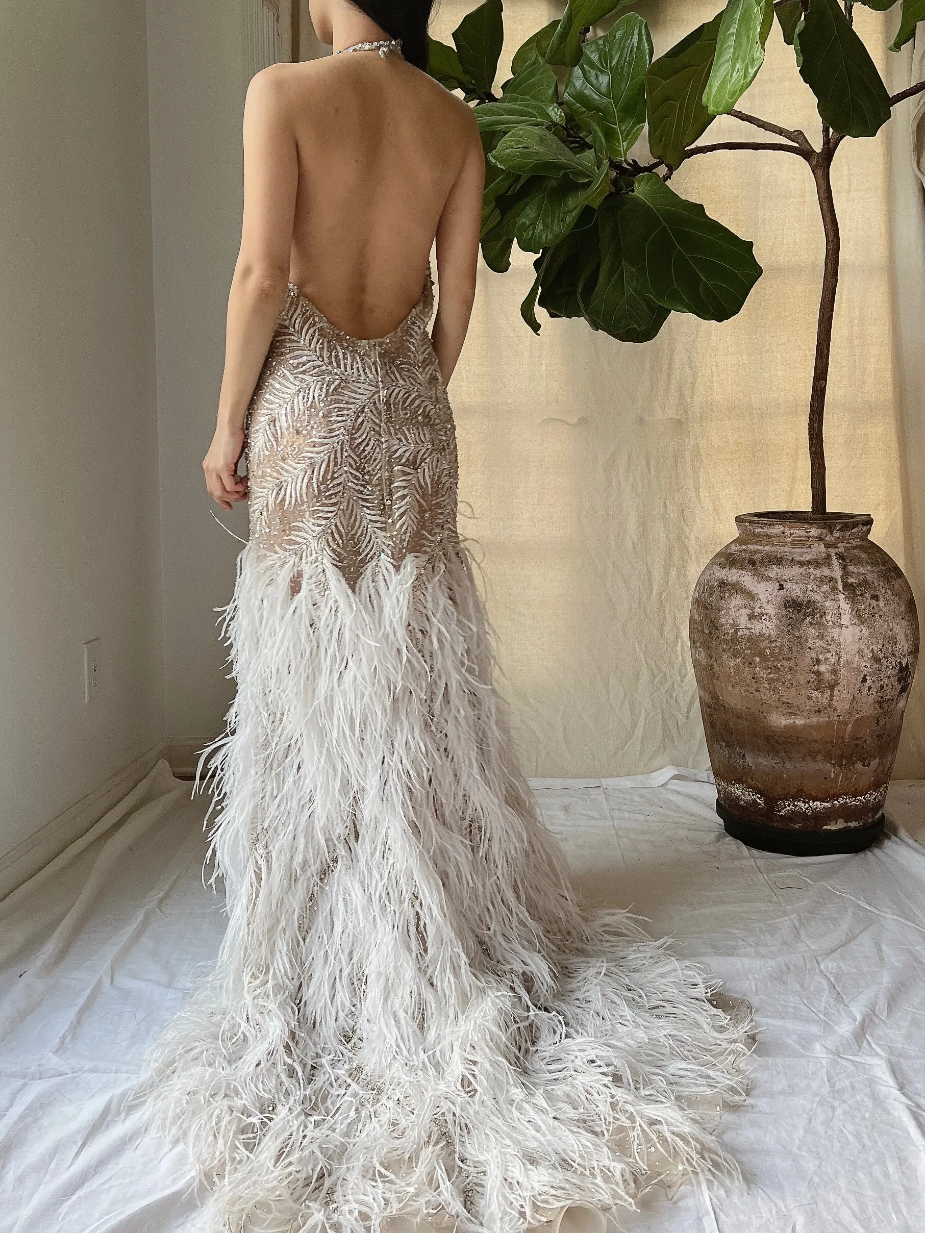 Vintage Hand Beaded Organza and Feather Gown - S/M