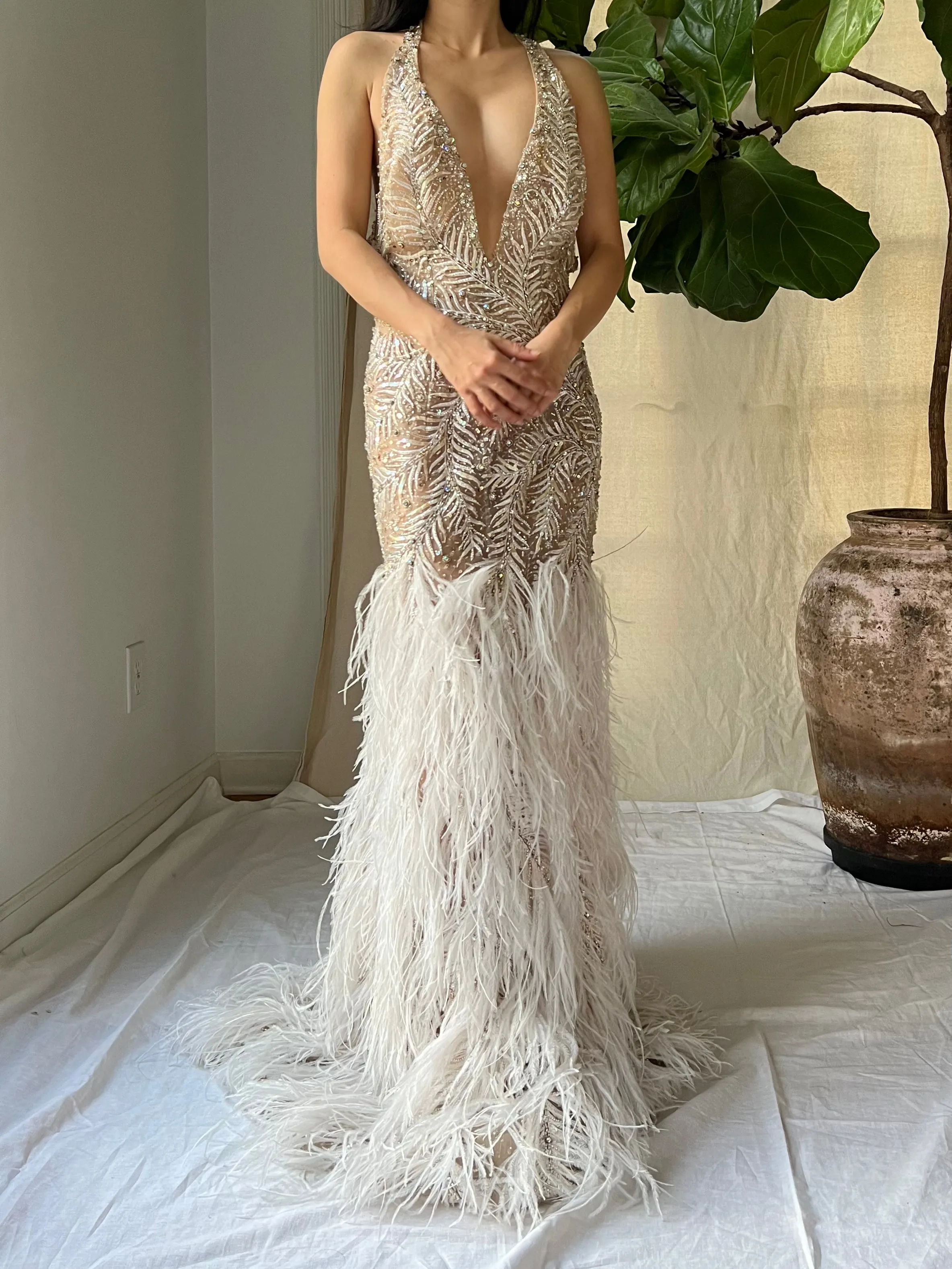 Vintage Hand Beaded Organza and Feather Gown - S/M