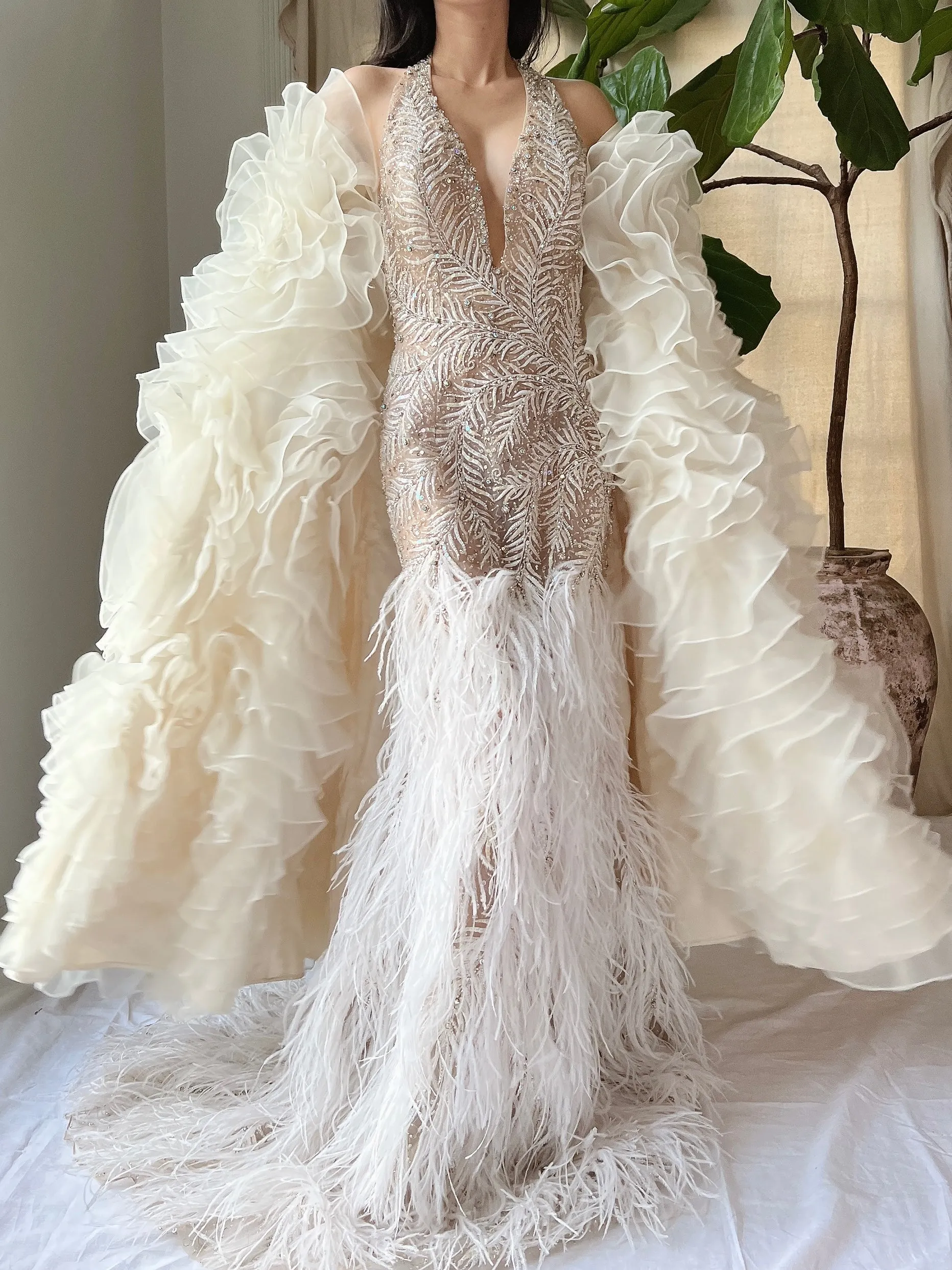 Vintage Hand Beaded Organza and Feather Gown - S/M