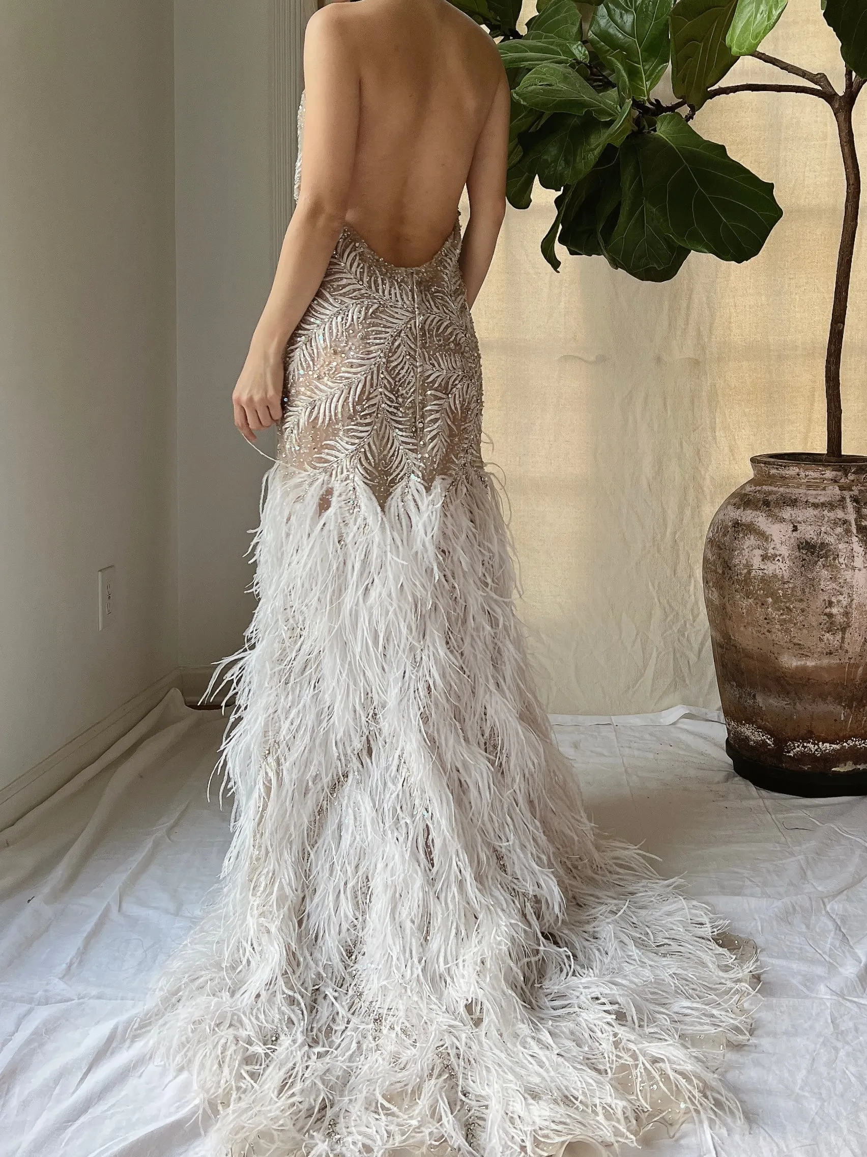 Vintage Hand Beaded Organza and Feather Gown - S/M