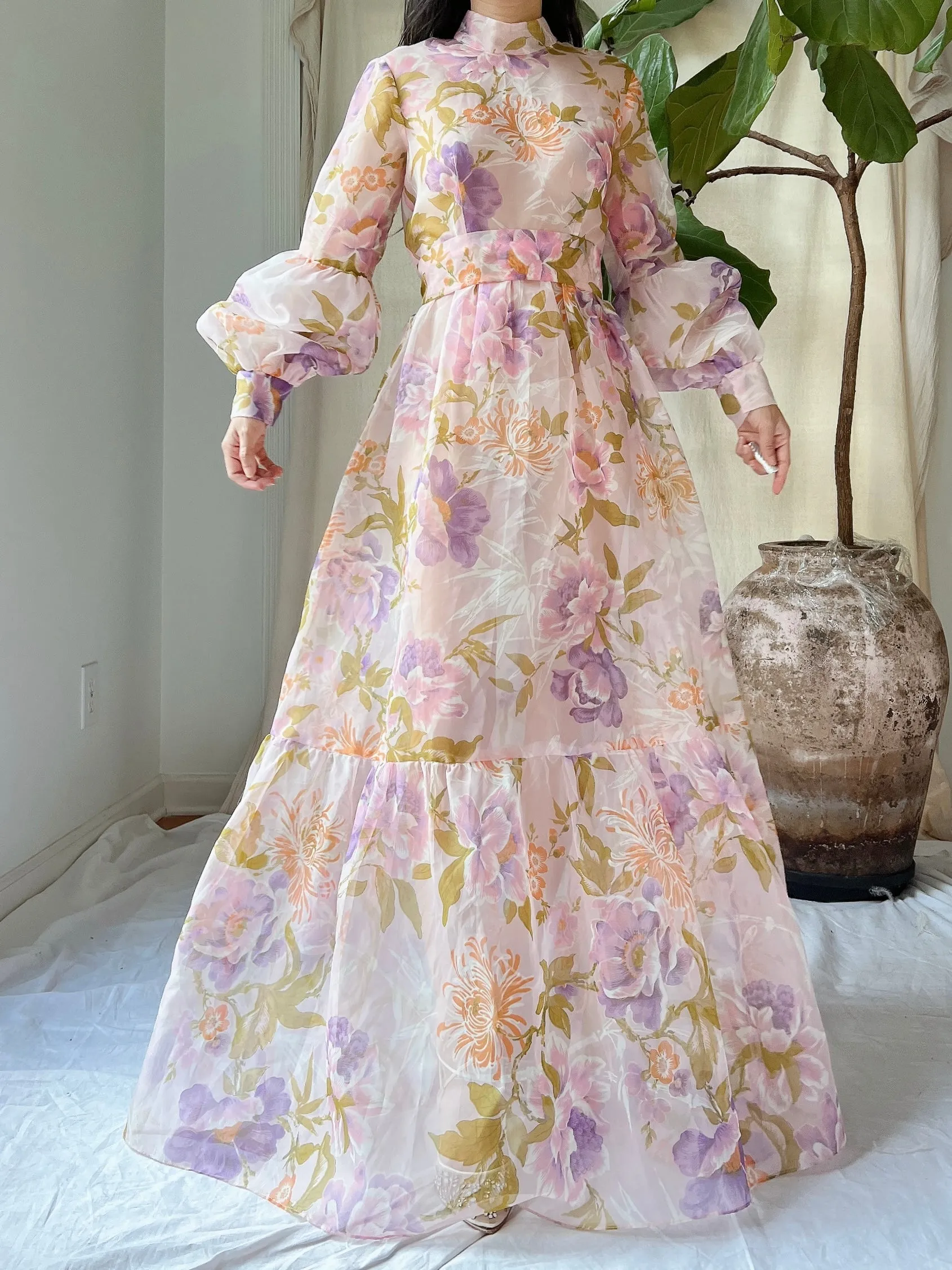 Vintage Juliet Sleeves Sheer Floral Voile Gown - S/M
