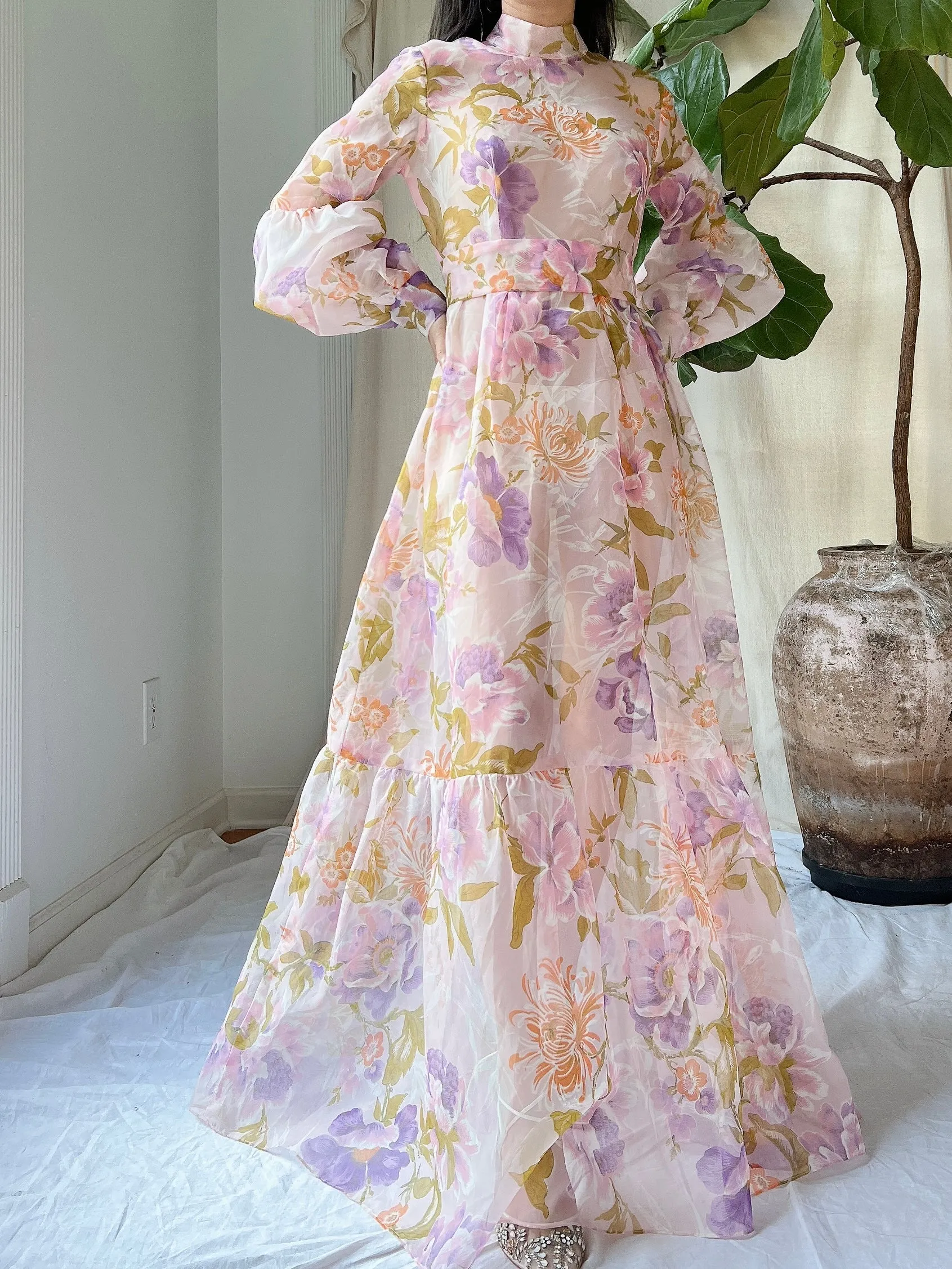 Vintage Juliet Sleeves Sheer Floral Voile Gown - S/M