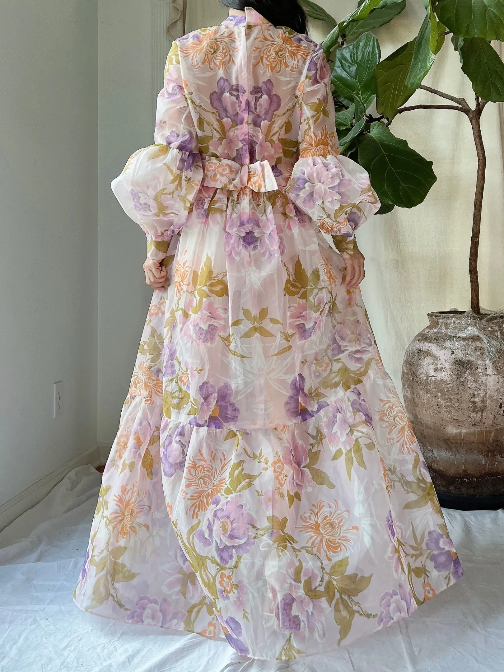 Vintage Juliet Sleeves Sheer Floral Voile Gown - S/M