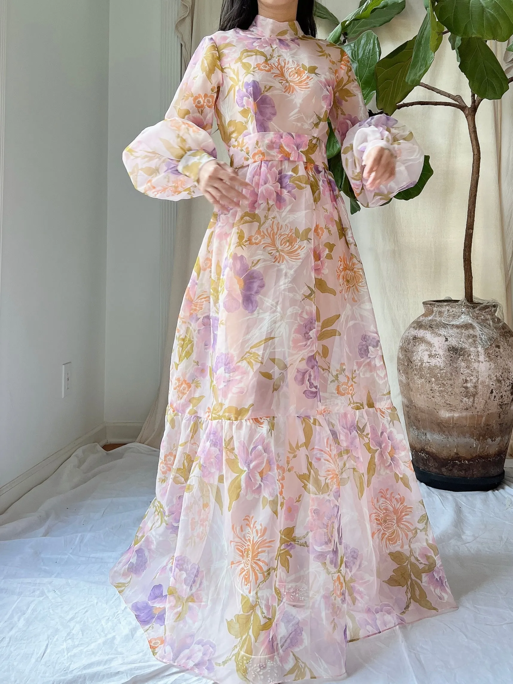 Vintage Juliet Sleeves Sheer Floral Voile Gown - S/M