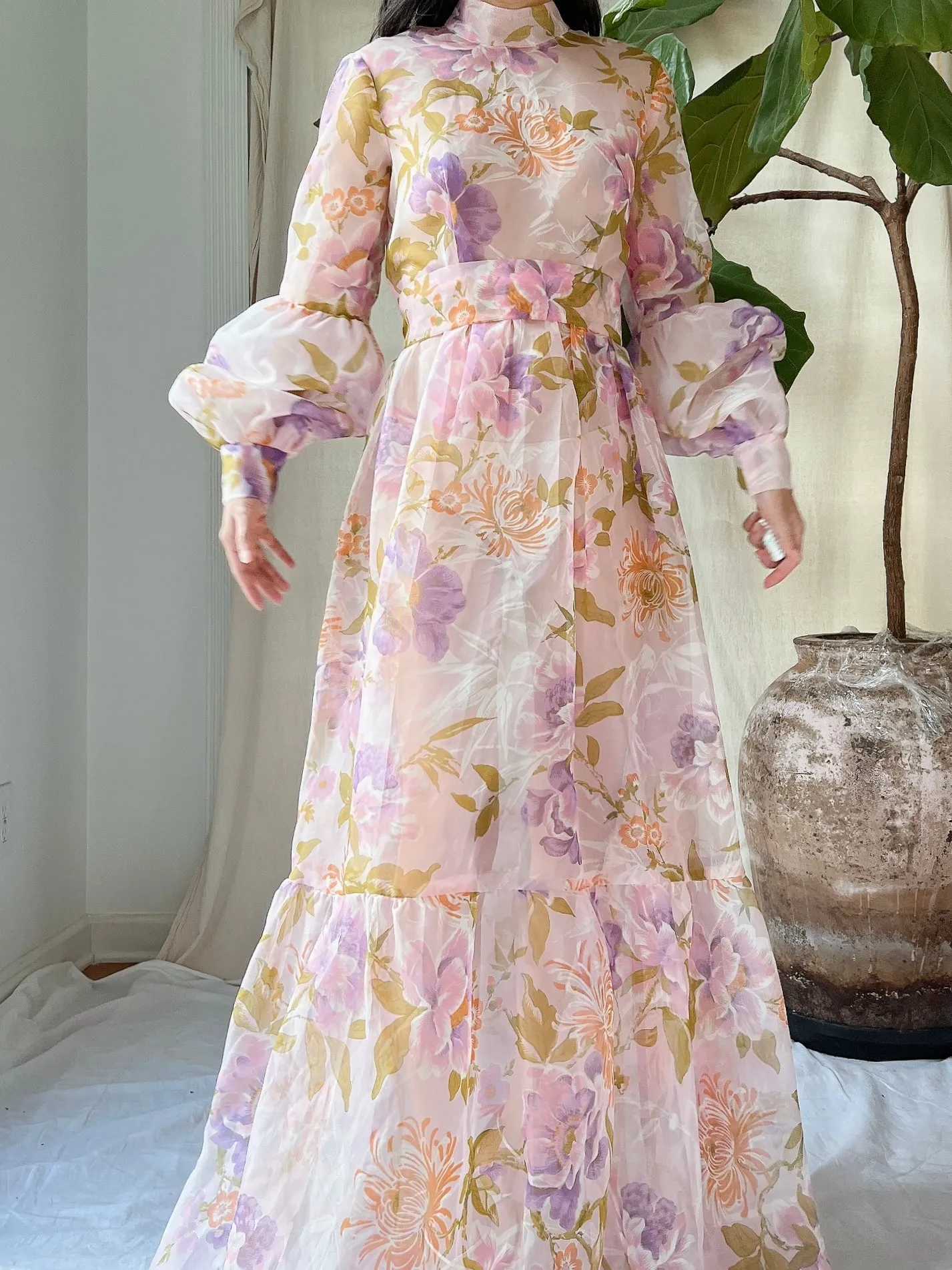 Vintage Juliet Sleeves Sheer Floral Voile Gown - S/M
