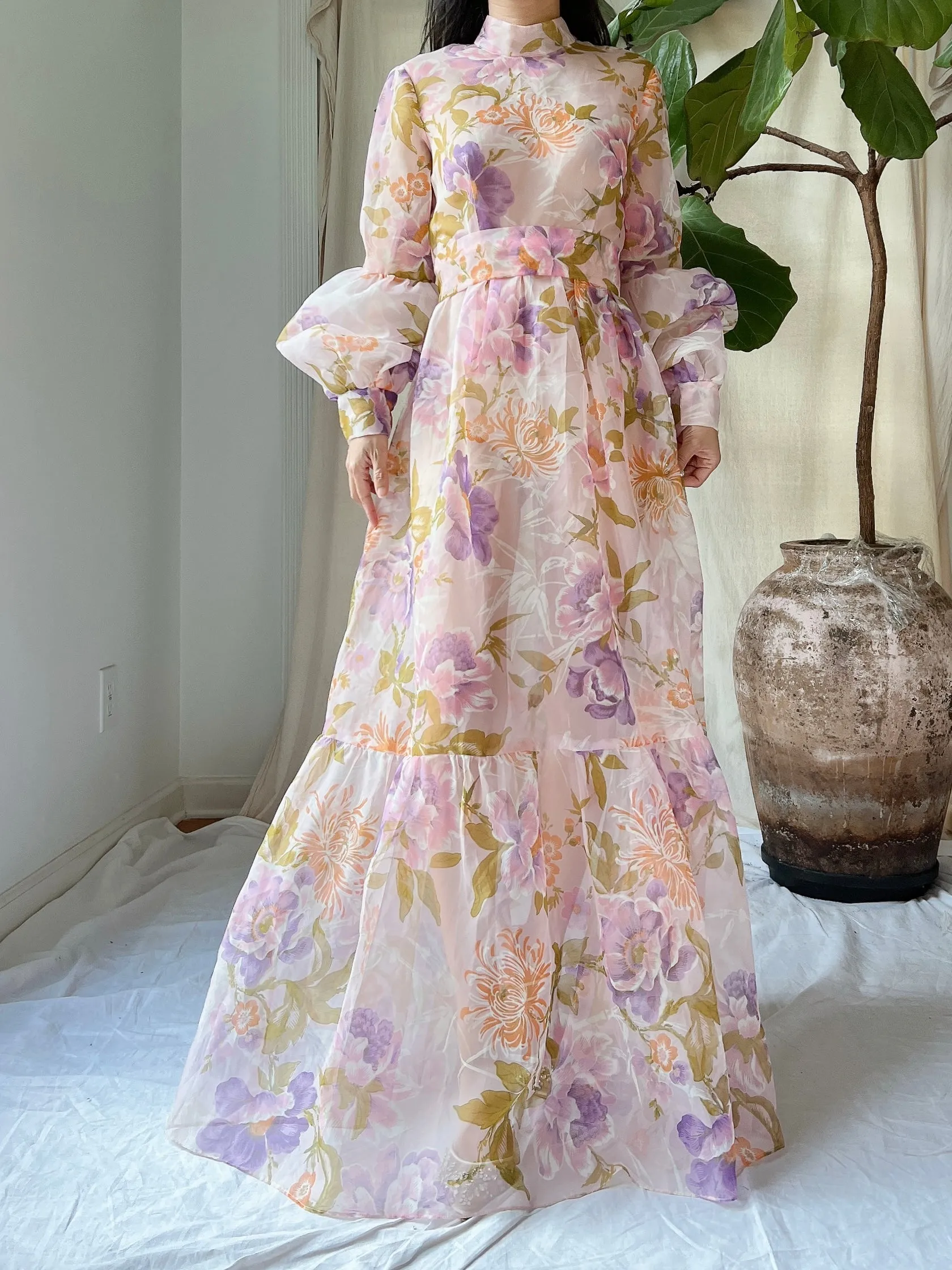Vintage Juliet Sleeves Sheer Floral Voile Gown - S/M