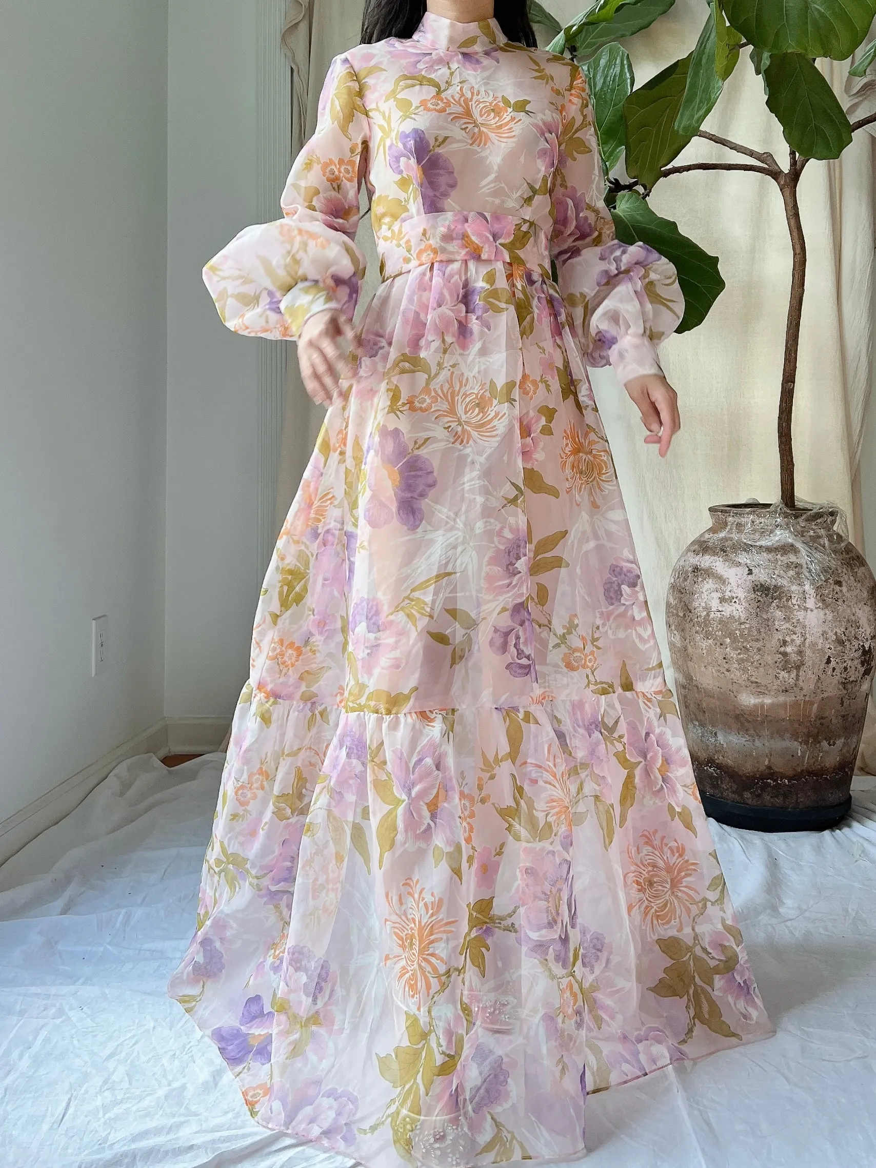 Vintage Juliet Sleeves Sheer Floral Voile Gown - S/M